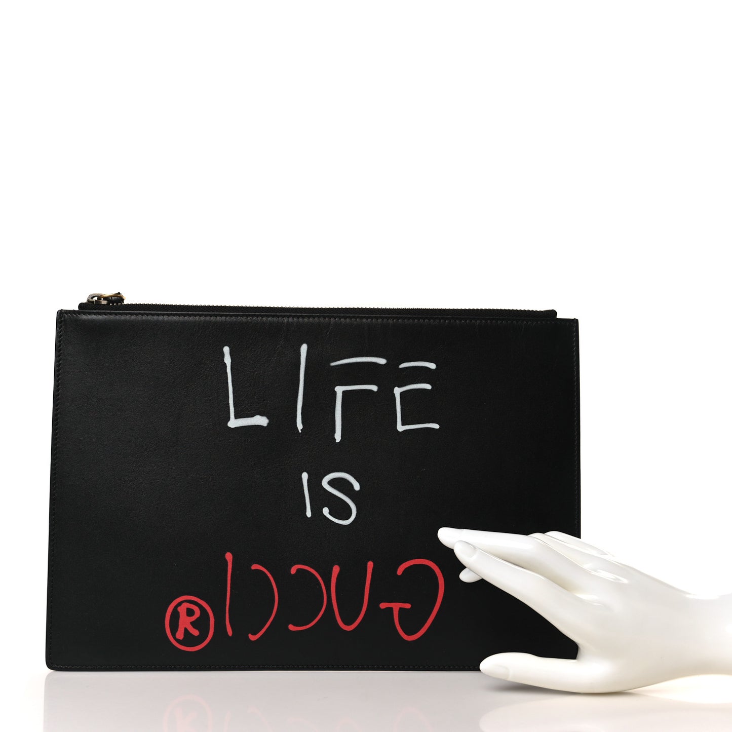 Calfskin GucciGhost Life is Gucci Zip Pouch Black