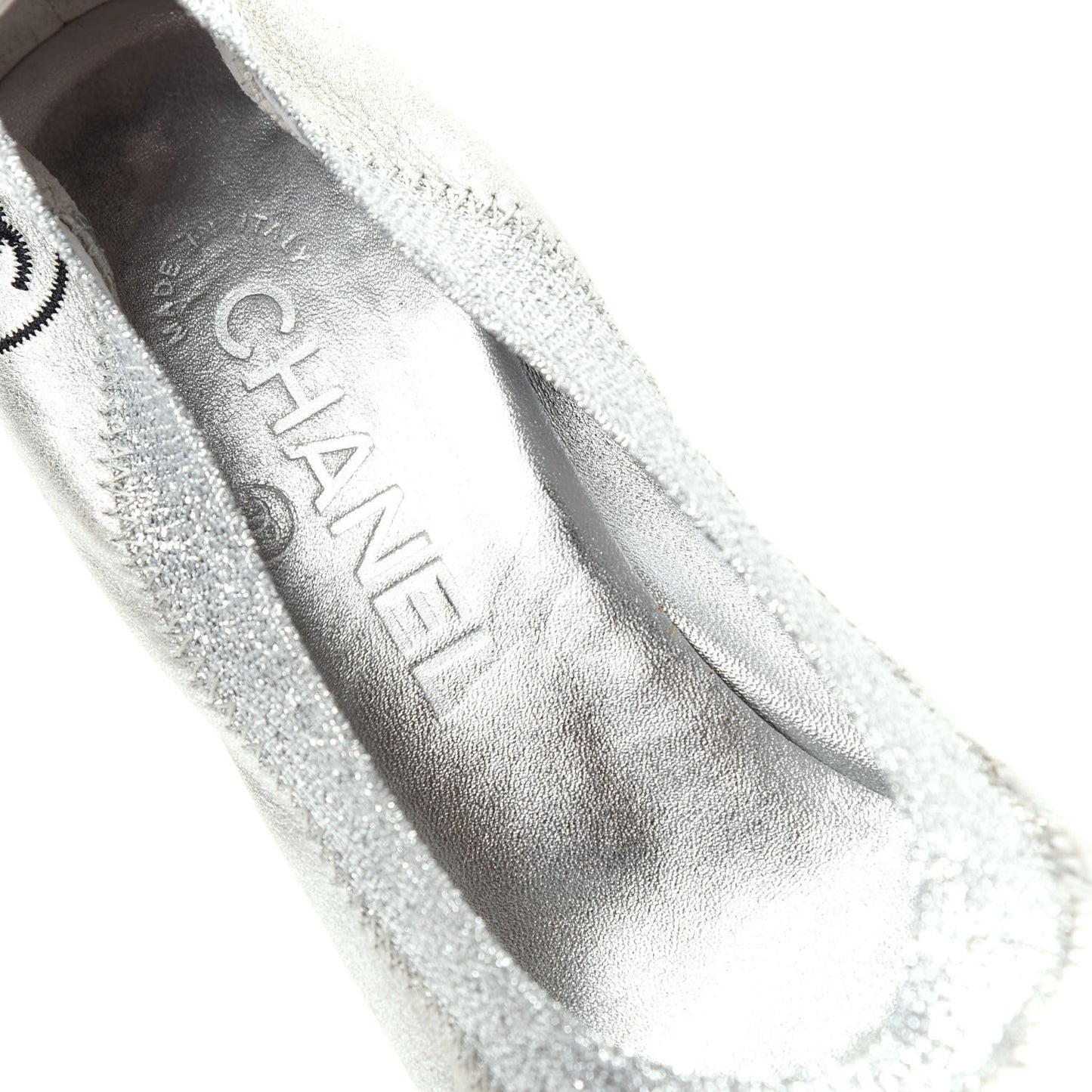 Metallic Lambskin Patent CC Elastic Stretch Pumps 36.5 Silver Black