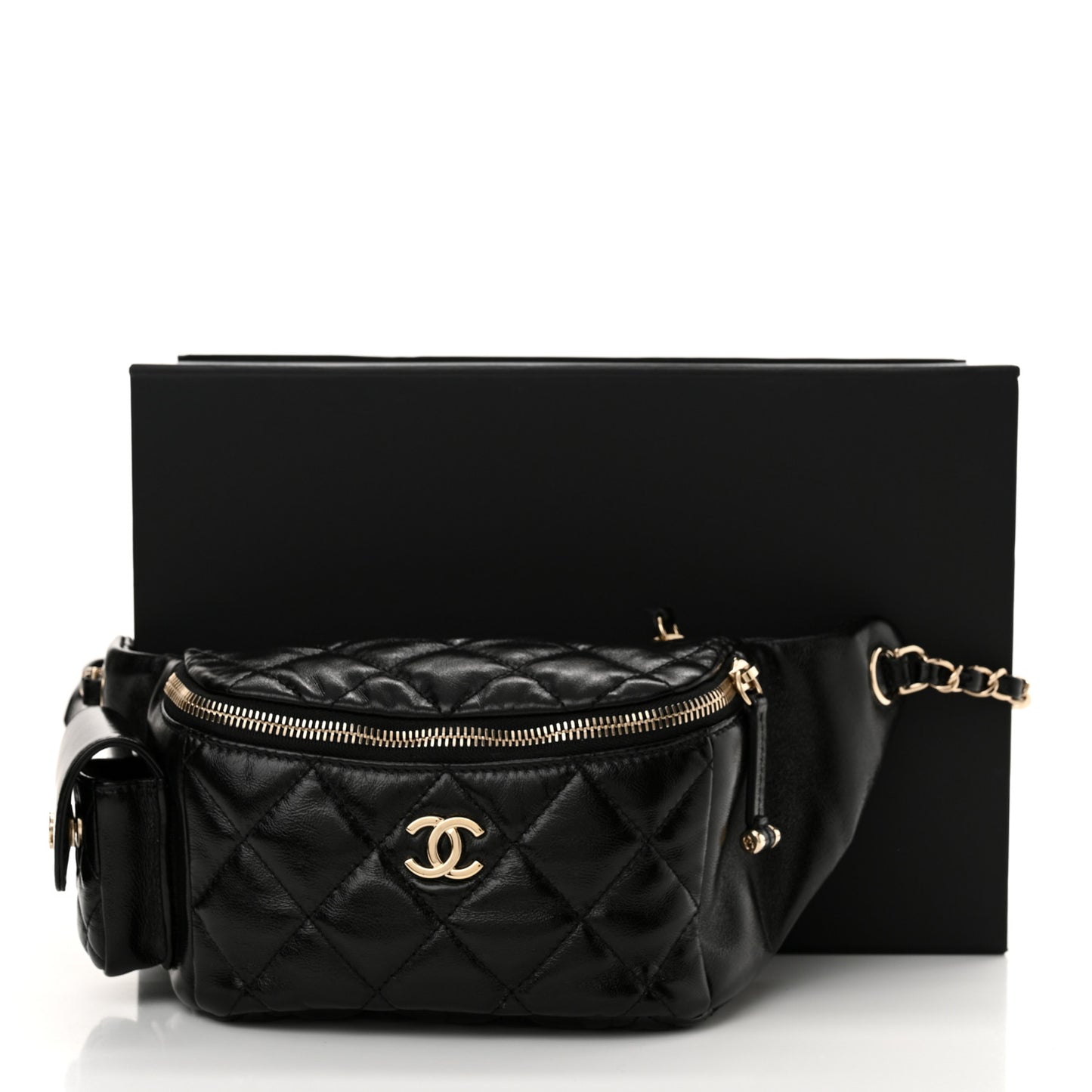 Shiny Aged Calfskin Quilted Utility Waist Belt Bag Black