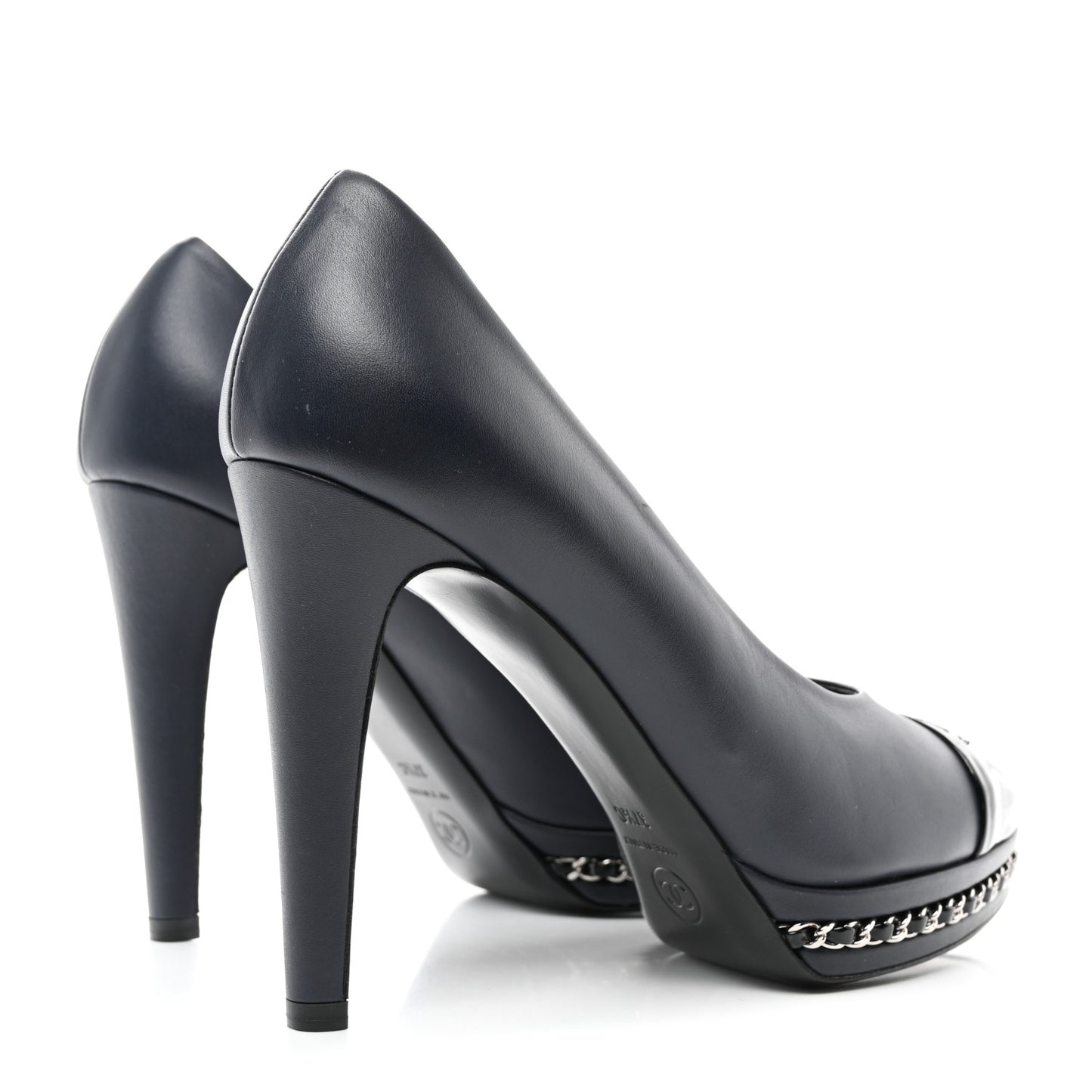 Calfskin Patent CC Cap Toe Platform Chain Pumps 37.5 Navy Black