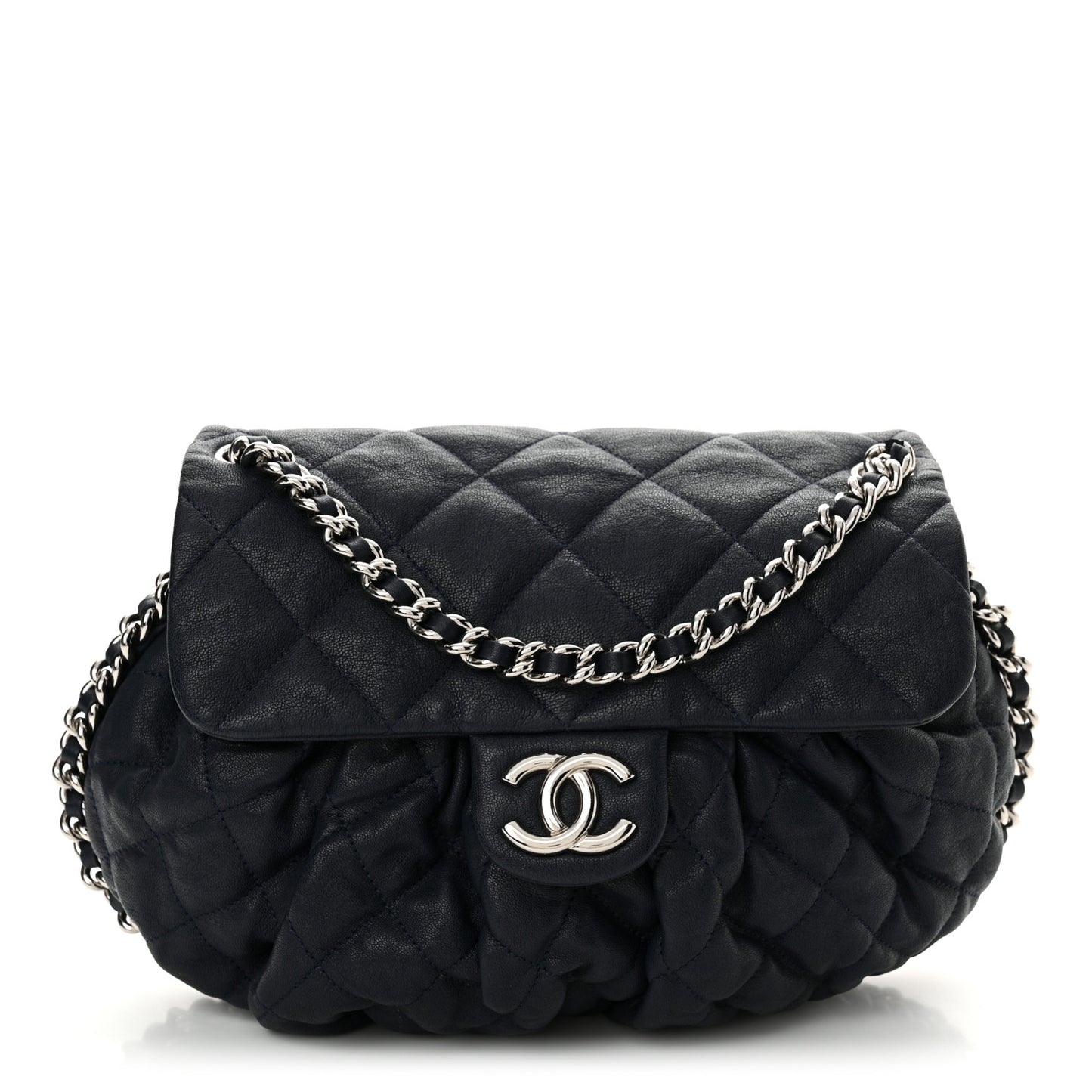 Washed Lambskin Quilted Medium Chain Around Messenger Navy Blue