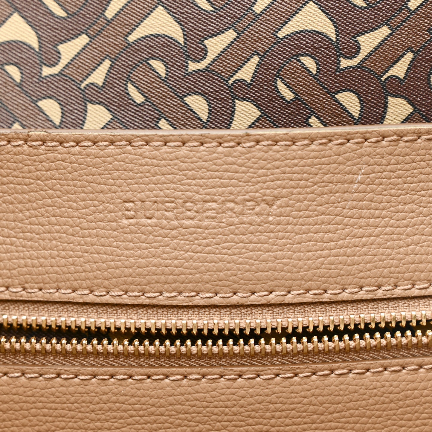 Calfskin TB Motif Embossed Medium Tote Camel