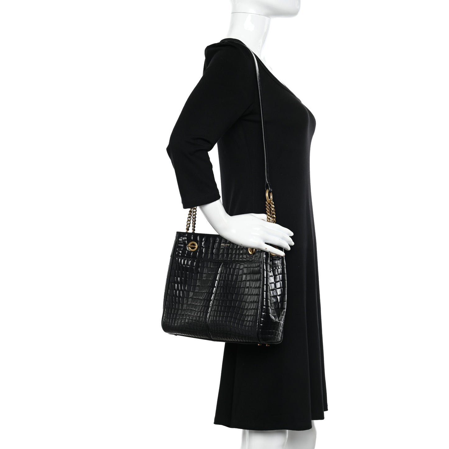 Shiny Calfskin Crocodile Embossed Claude Tote Black