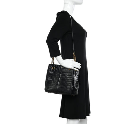 Saint Laurent Shiny Calfskin Crocodile Embossed Claude Tote Black 3 of 12
