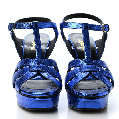 Saint Laurent Metallic Crackled Calfskin Tribute 75 Platform Sandals 38 Blue 2 of 4