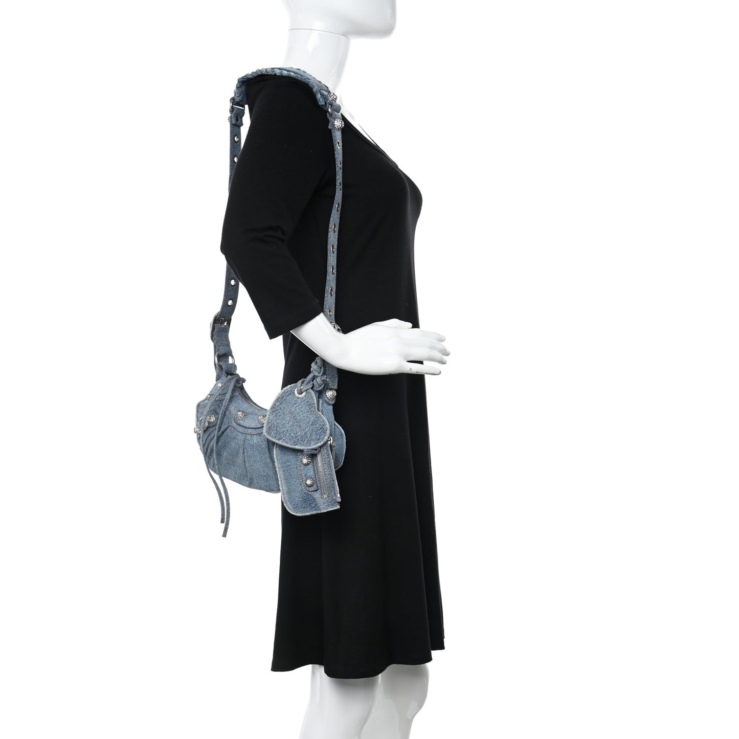 Washed Frayed Denim Crystal Le Cagole Shoulder Bag XS Blue