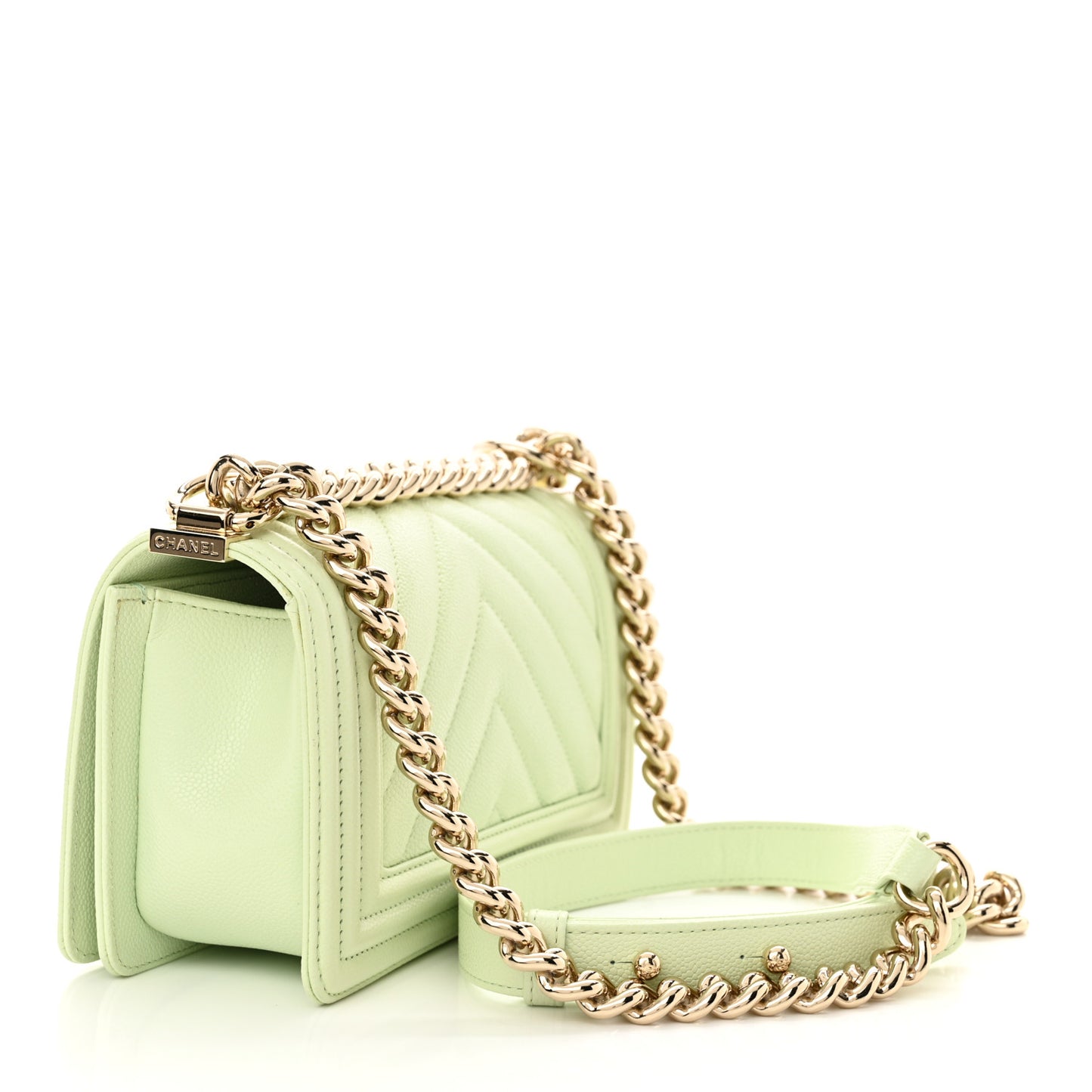 Caviar Chevron Quilted Small Boy Flap Light Green