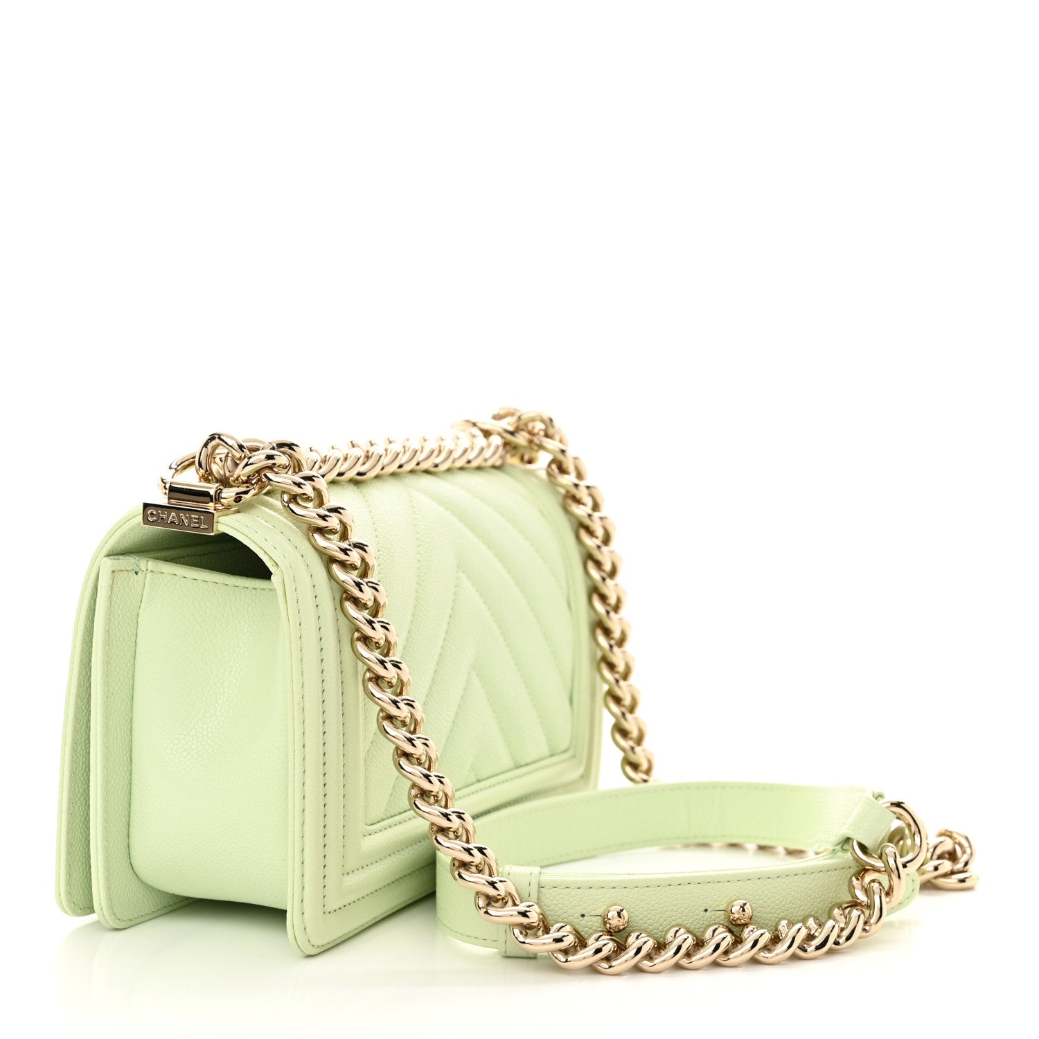 Chanel Caviar Chevron Quilted Small Boy Flap Light Green 3 of 10