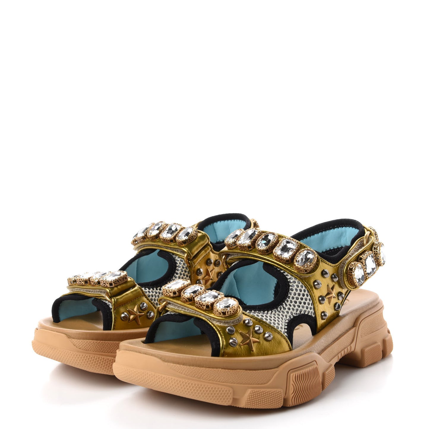 Silk Calfskin Mesh Crystal Embellished Studded Womens Aguru Sandals 36 Gold