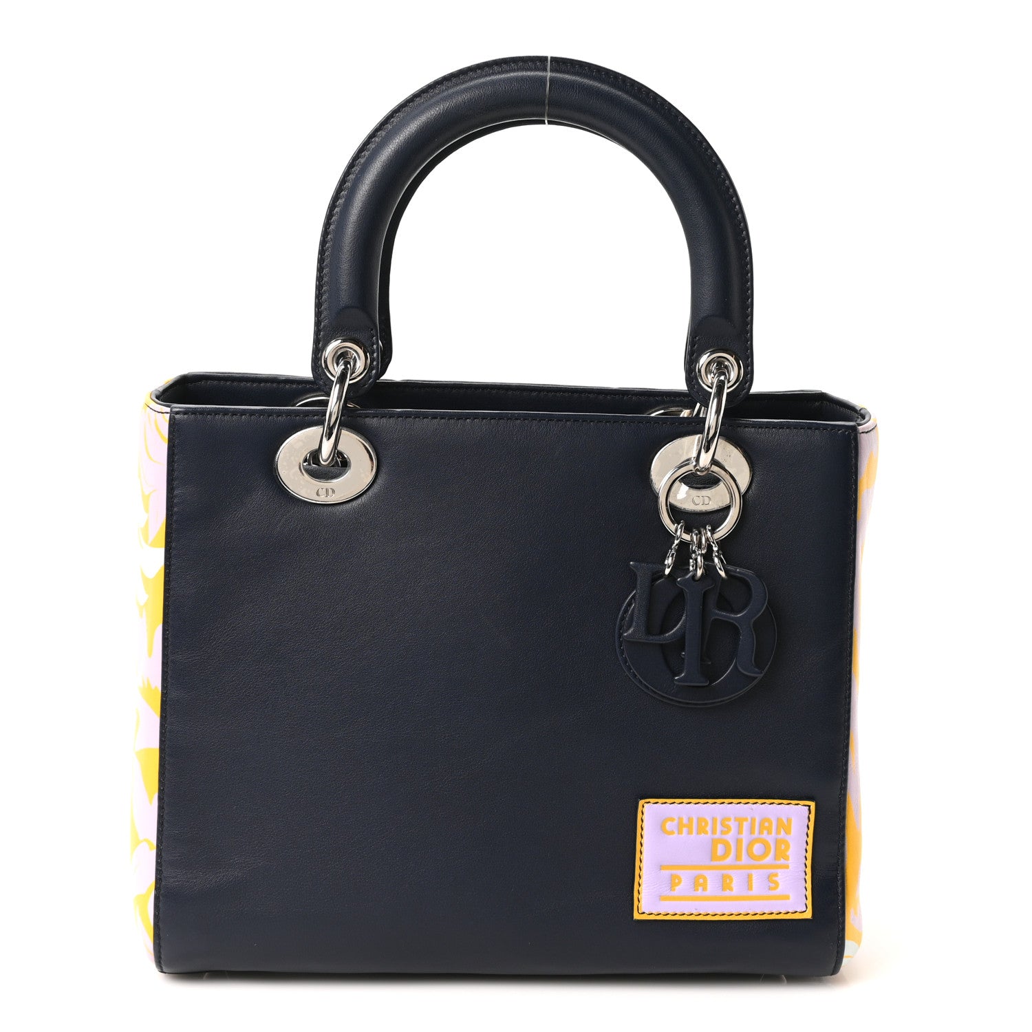 Christian Dior Calfskin Floral Print Medium Lady Dior Navy Blue
