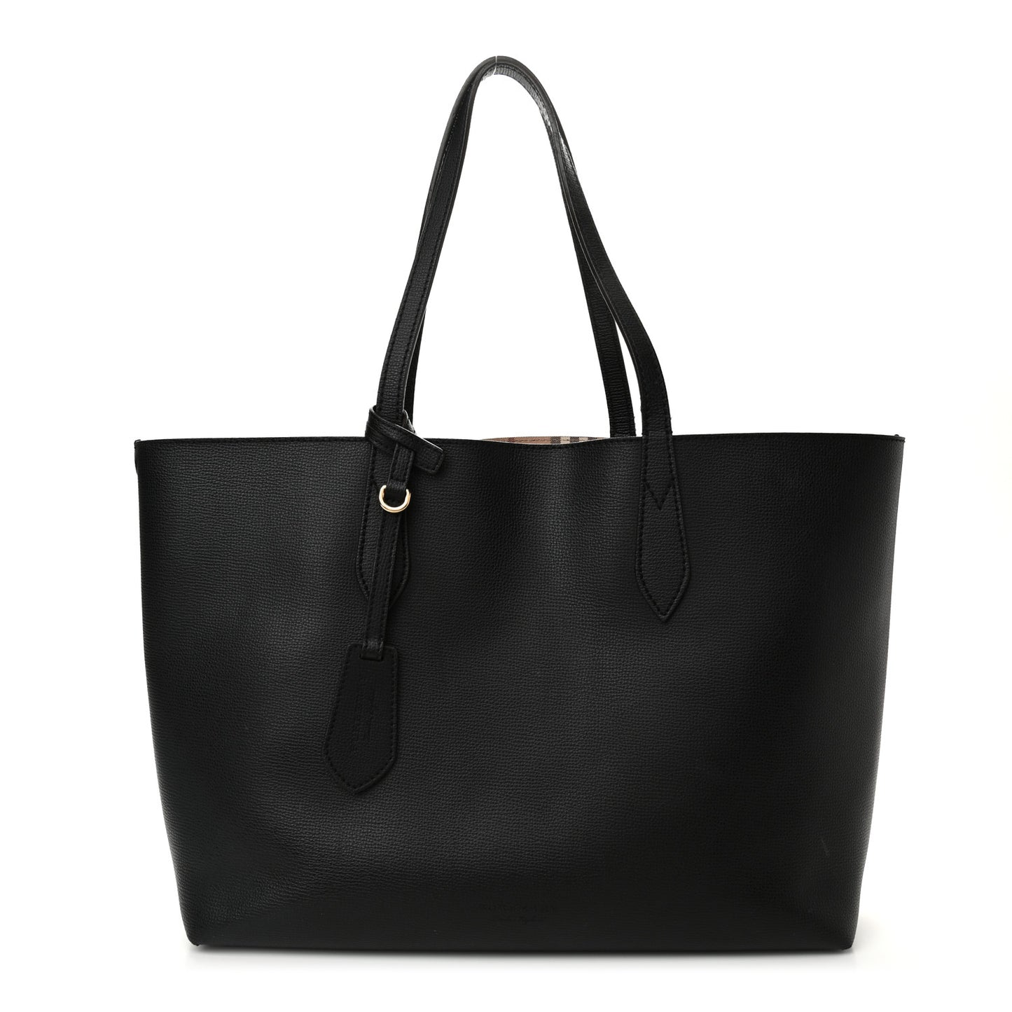 Grainy Calfskin Haymarket Check Medium Reversible Tote Black