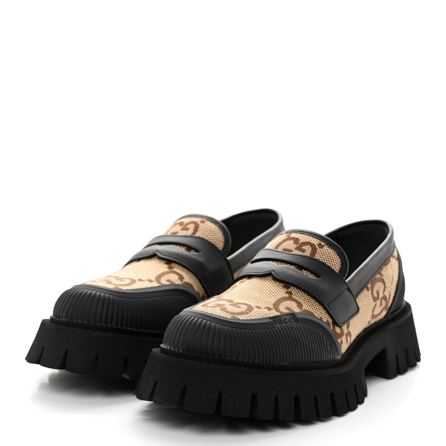 Gucci Monogram Jumbo GG Miro Soft Calfskin Mens Lug Sole Loafers 8 Camel Ebony Black 3 of 9