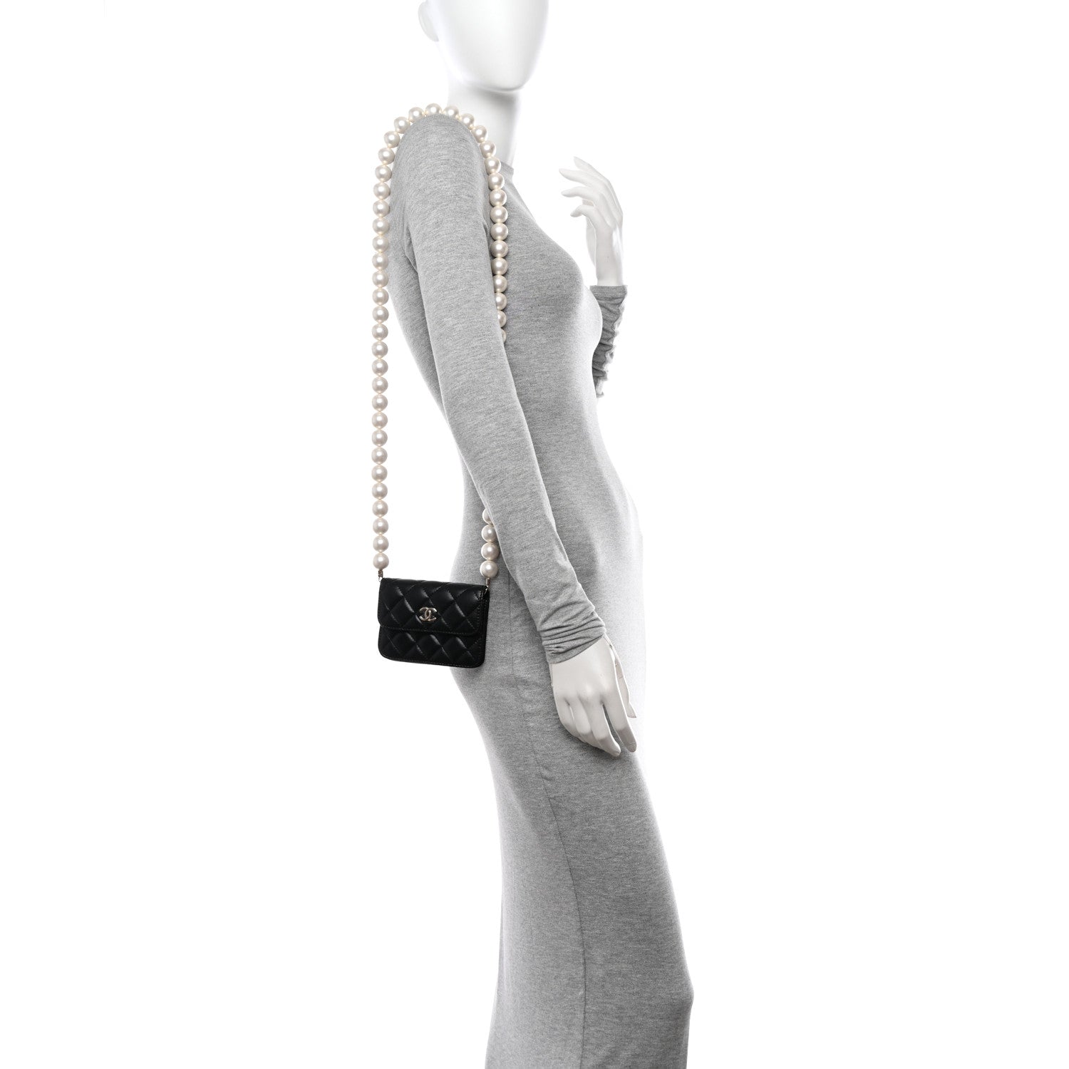 Chanel Calfskin Quilted Maxi Pearls Card Holder Flap With Chain Black 2 of 11