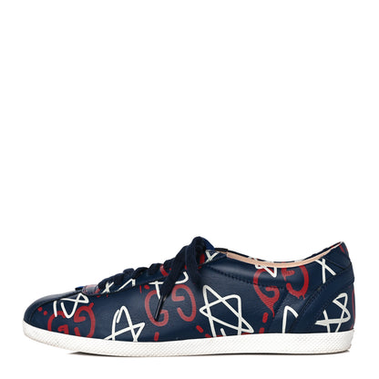 Gucci Calfskin GucciGhost Print Womens Low Top Sneakers 38.5 Blue Agata Hibiscus Red 1 of 8