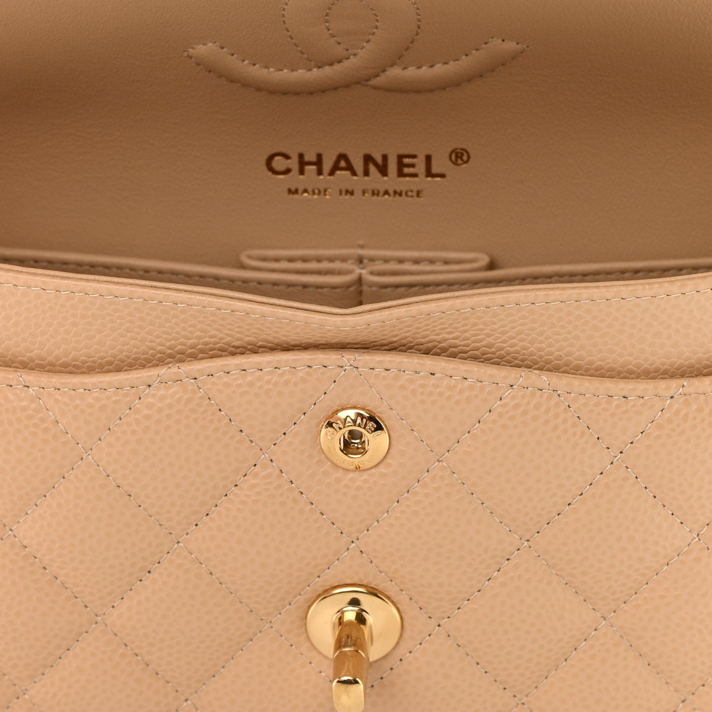 Caviar Quilted Small Double Flap Beige