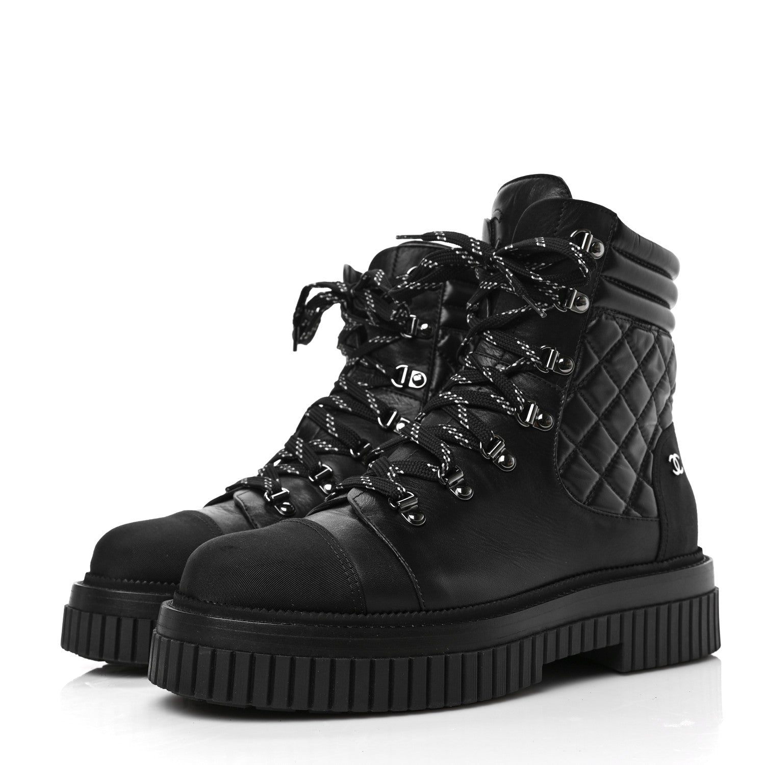 Chanel Calfskin Grosgrain Quilted Lace Up Boots 41 Black Grey 3 of 7