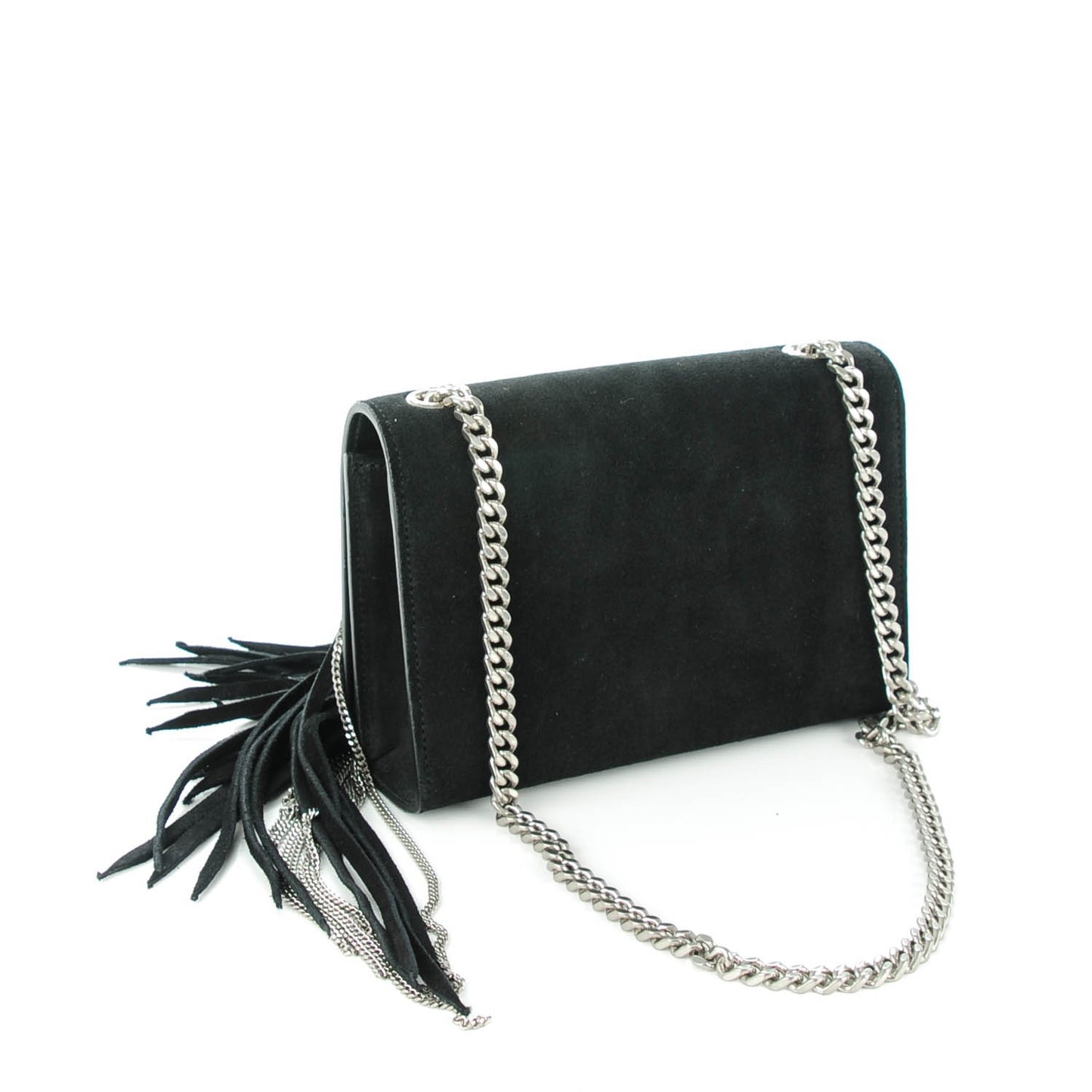 Suede Fringe Chain Small Monogram Satchel Black