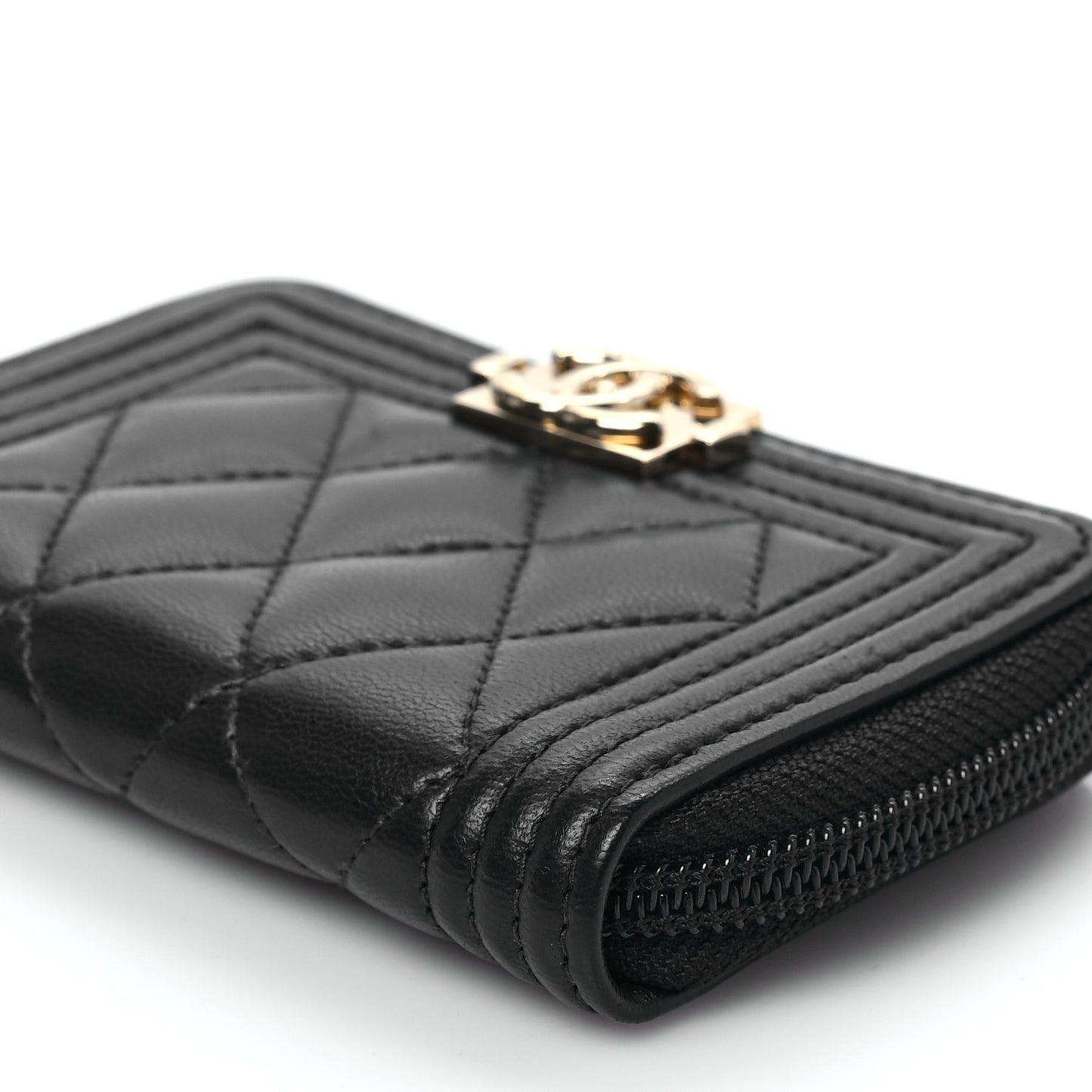Lambskin Quilted Zip Around Boy Coin Purse Wallet Black