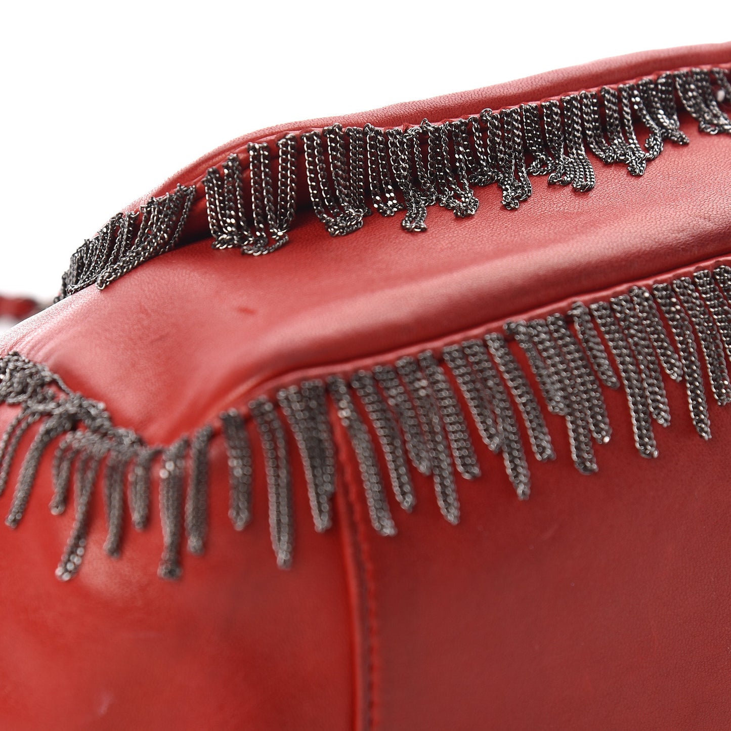 Lambskin Rock And Cabaret Chain Fringe Accordion Flap Red