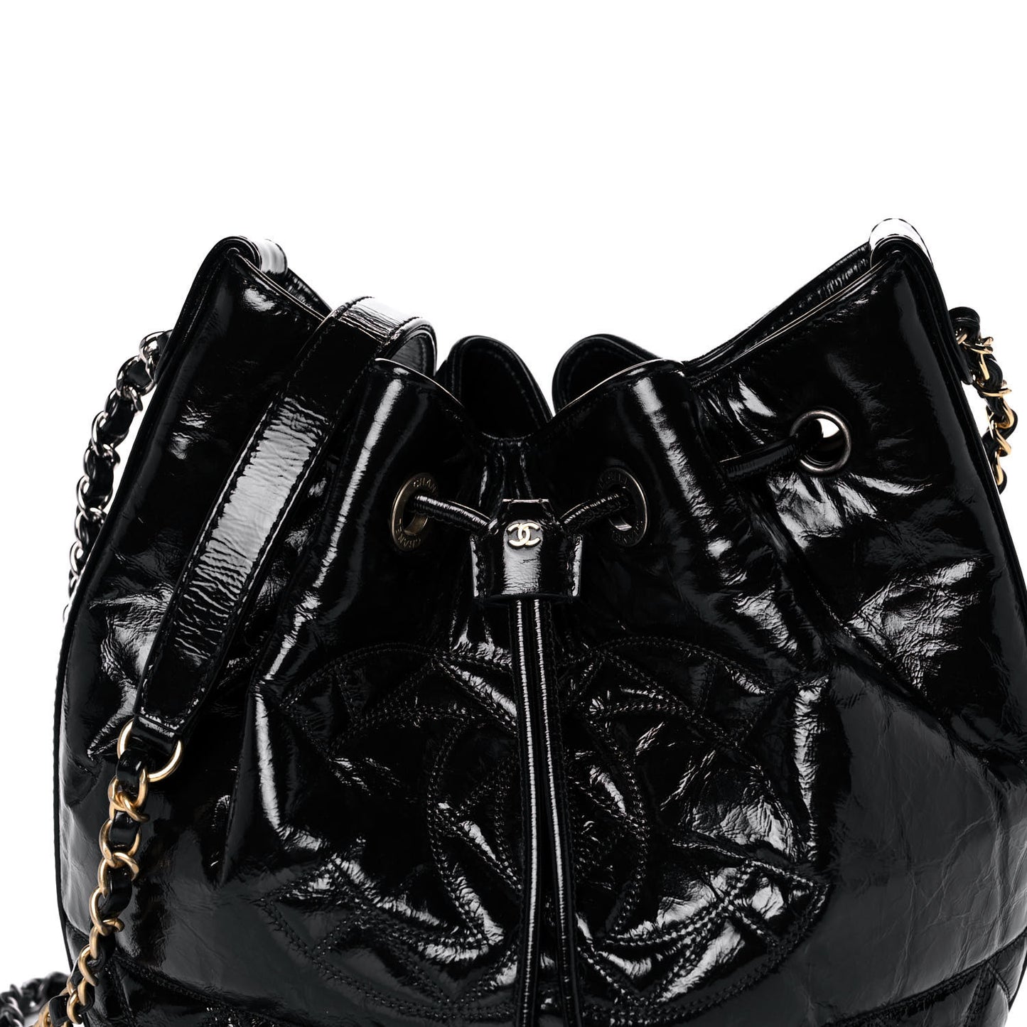 Shiny Aged Calfskin CC Chain Drawstring Bag Black