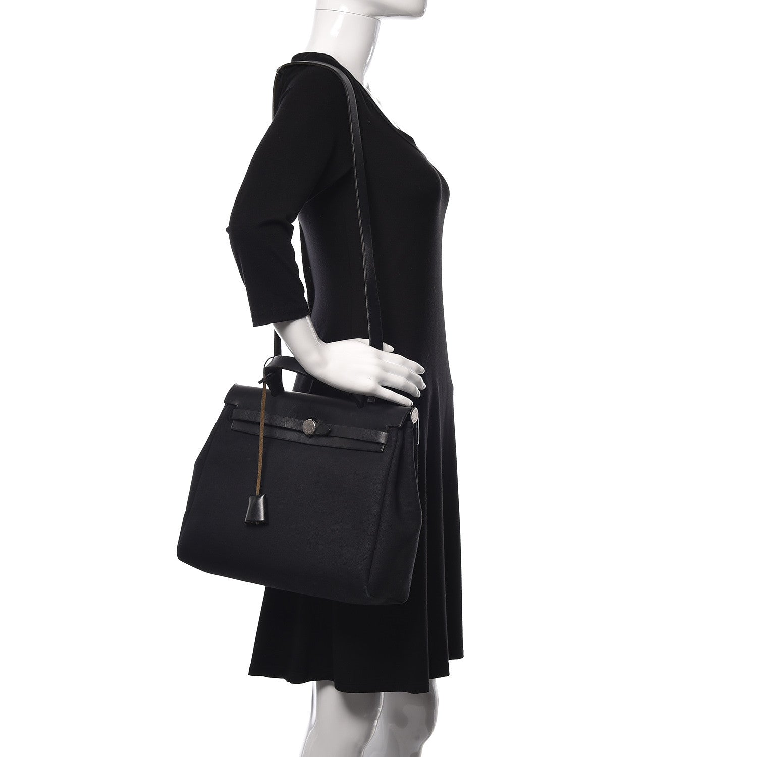 Hermes Toile Vache Calfskin Herbag 30 PM Black Natural 2 of 29