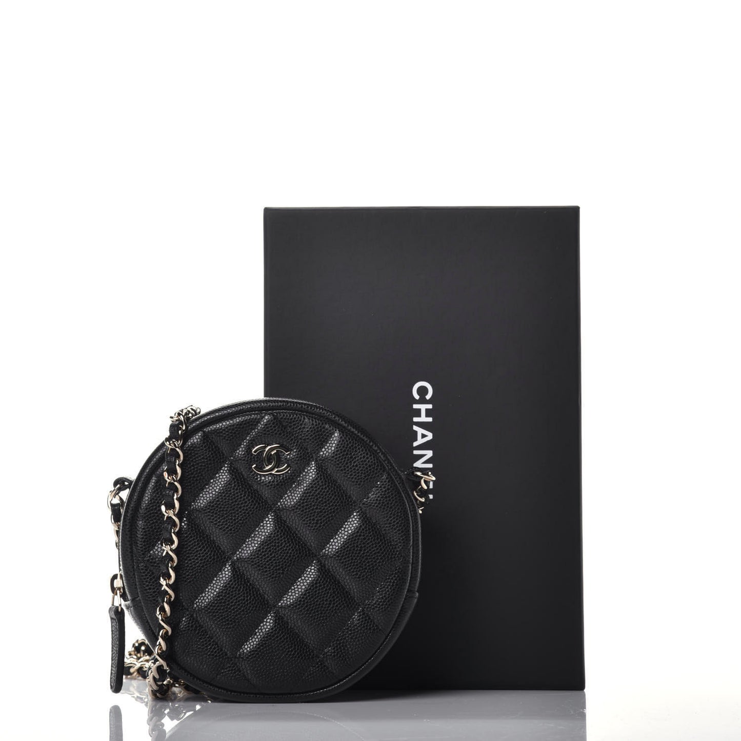 Caviar Quilted Round Clutch With Chain Black