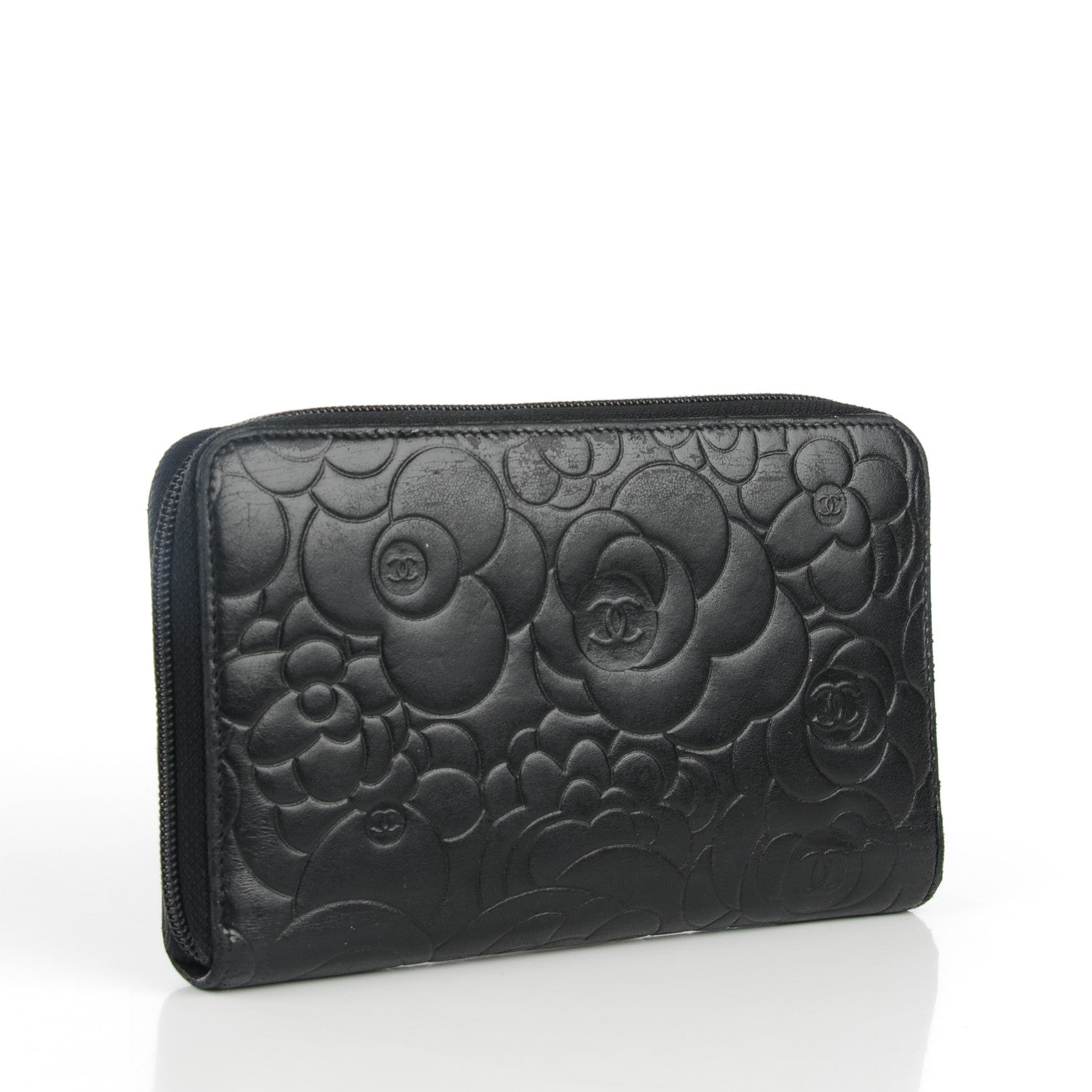 Chanel Lambskin Camellia Embossed Zip Around Organizer Wallet Black 3 of 8