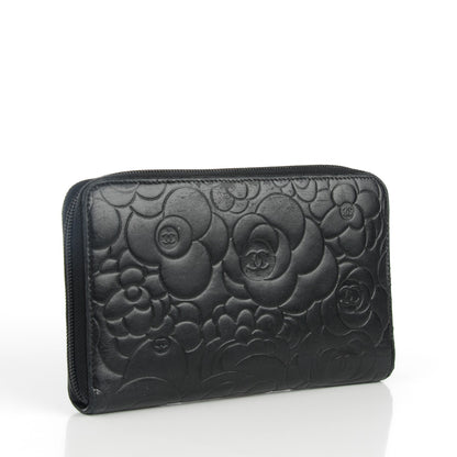Chanel Lambskin Camellia Embossed Zip Around Organizer Wallet Black 3 of 8