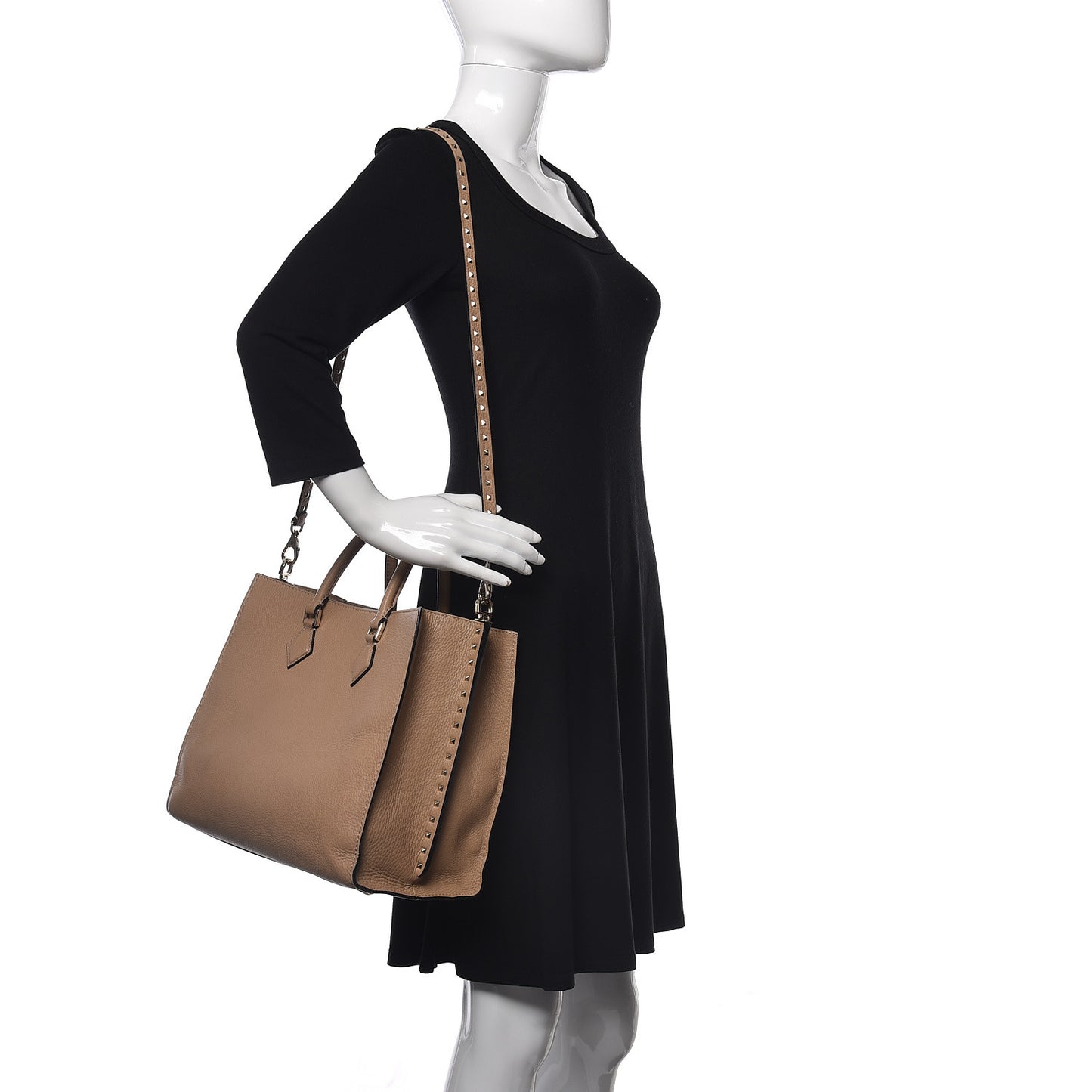 Pebbled Calfskin Rockstud Double Handle Tote Camel Rose