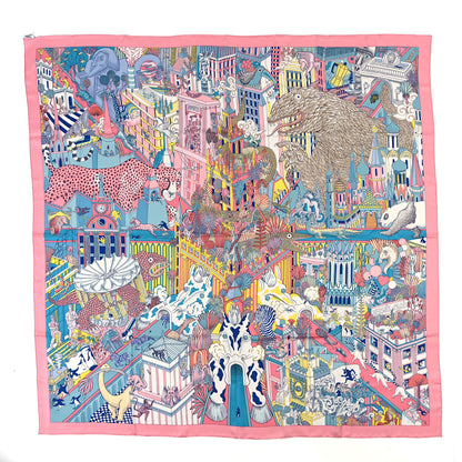 Hermes Silk Animapolis Scarf 140 Bubble Gum Bleu Jaune 1 of 3
