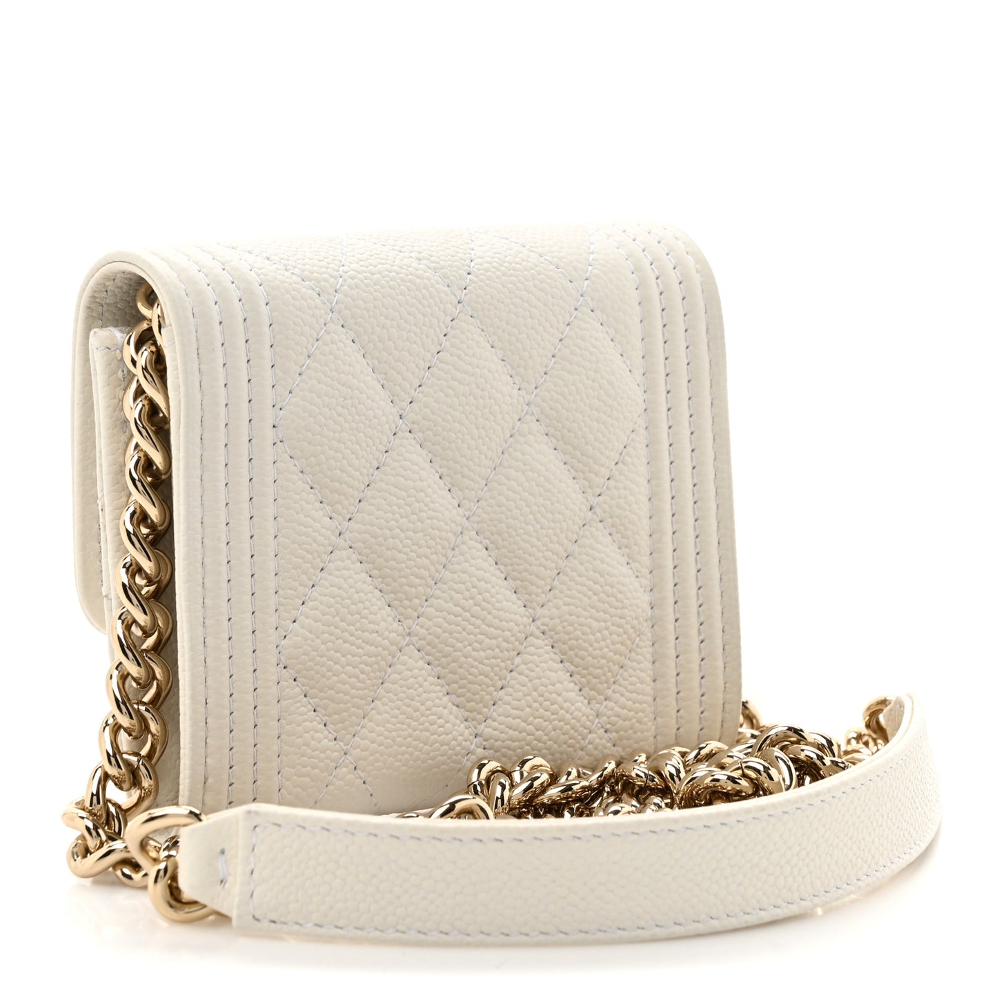 Caviar Quilted Boy Card Holder On Chain White