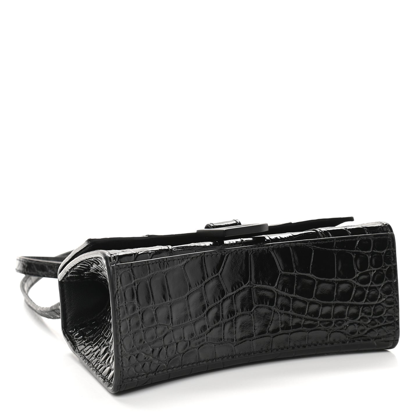 Shiny Calfskin Monochrome Crocodile Embossed Hourglass Top Handle Bag XS Black