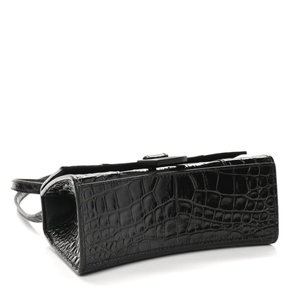 Balenciaga Shiny Calfskin Monochrome Crocodile Embossed Hourglass Top Handle Bag XS Black 4 of 9