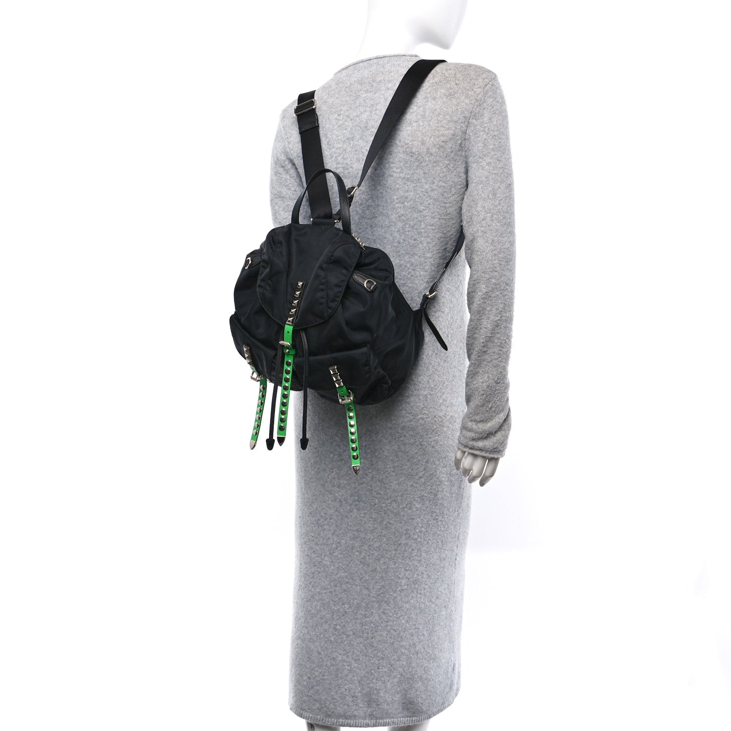 Prada Nylon New Vela Studded Backpack Black Verde 2 of 13