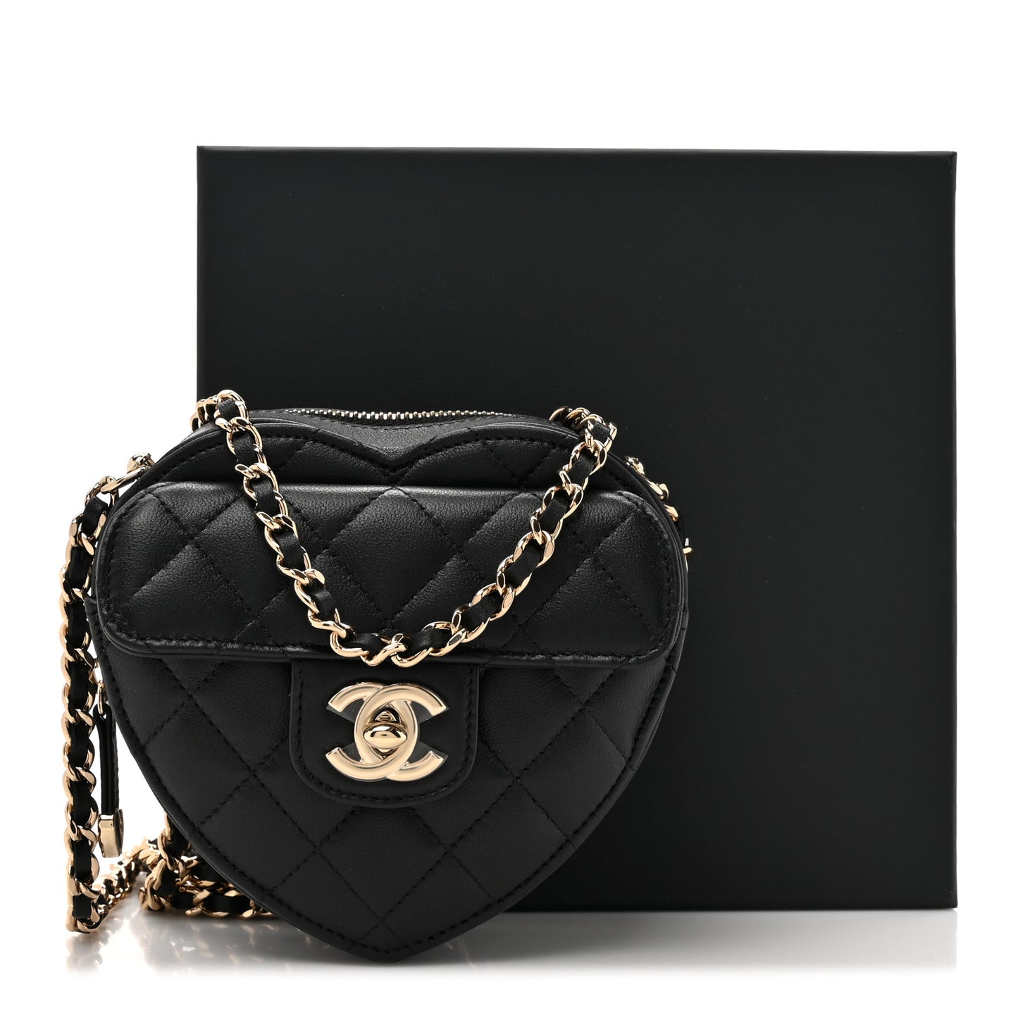 Lambskin Quilted CC In Love Heart Clutch With Chain Black