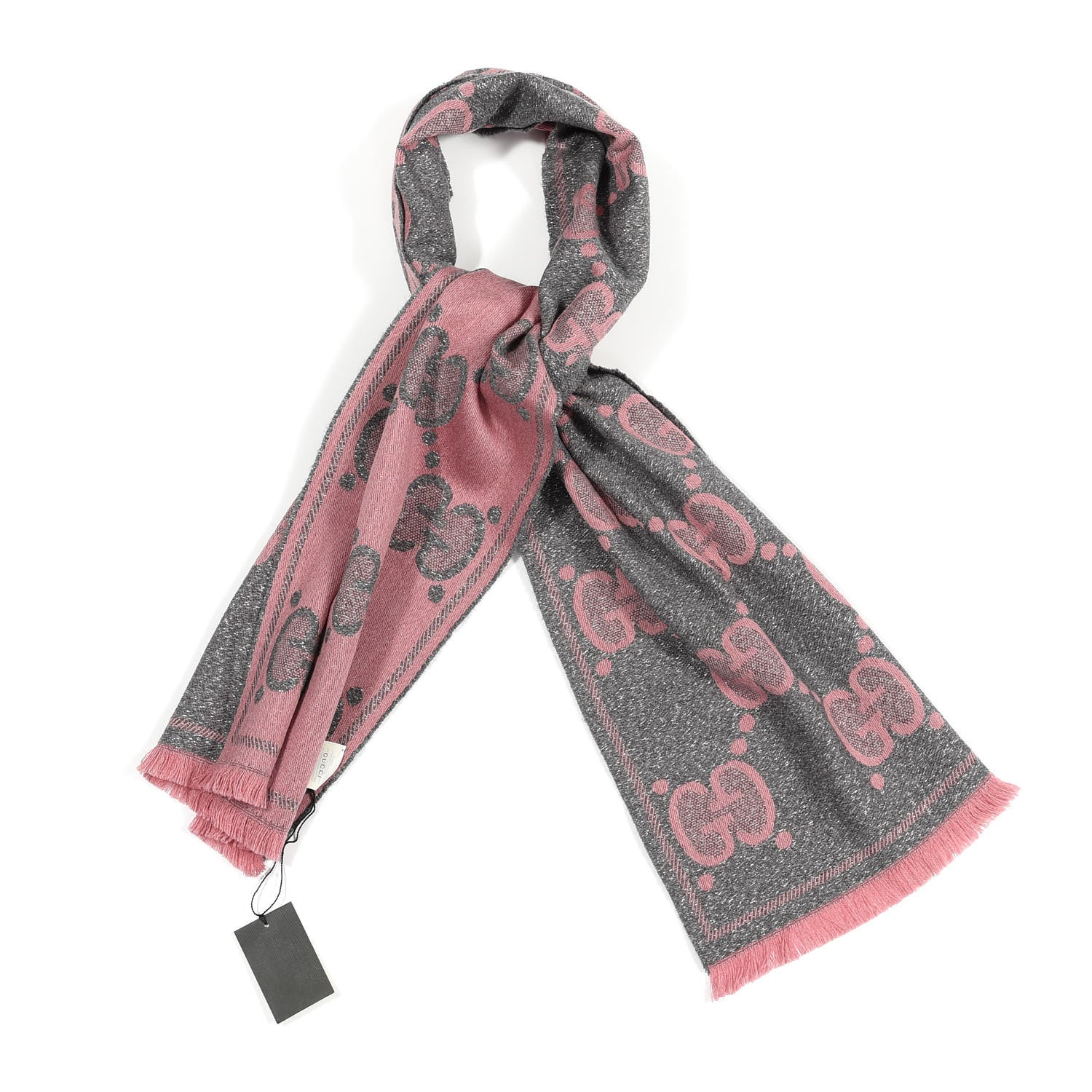 Gucci Wool Lame Jacquard Monogram Jumbo GG Lady Nest Lux Scarf Graphite Pink 1 of 4
