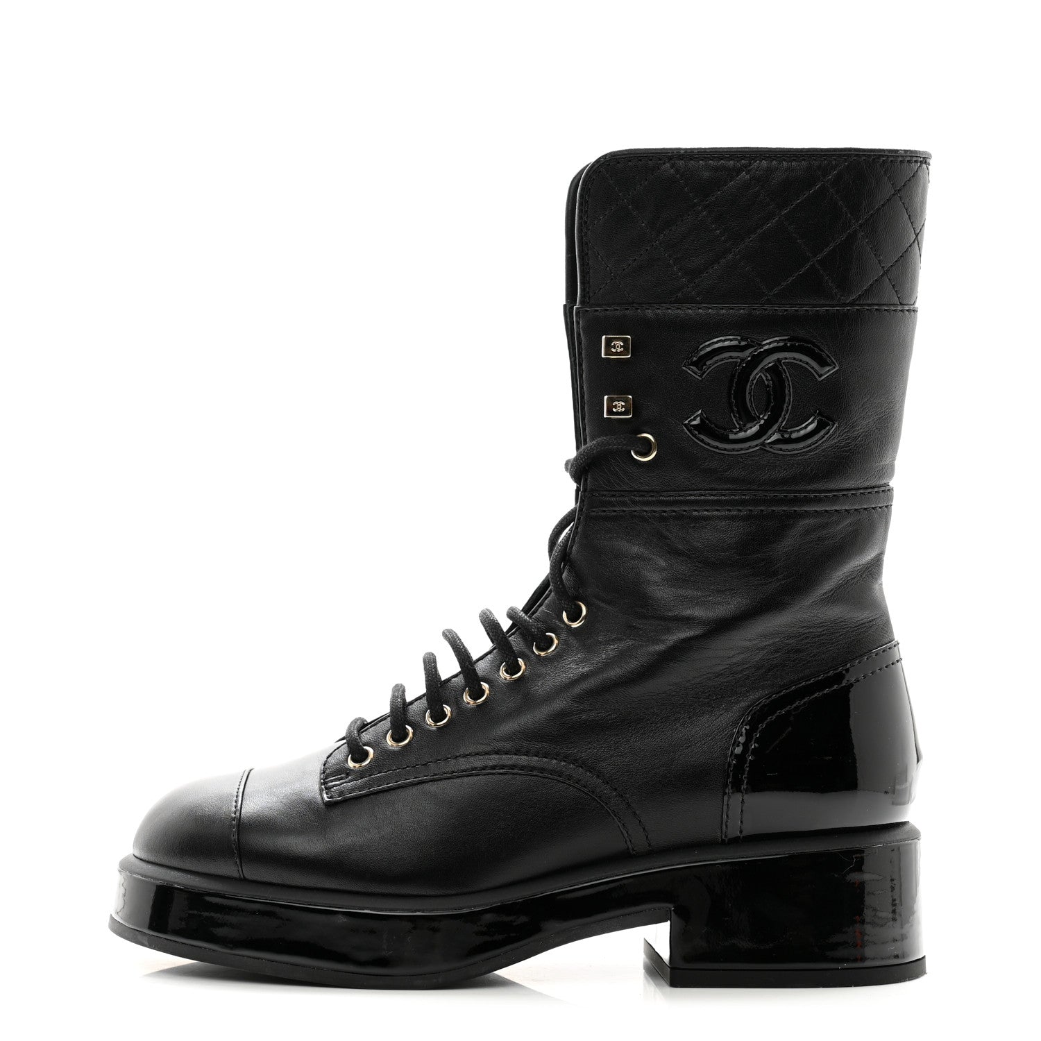 Chanel Lambskin Patent Calfskin Quilted CC Lace Up Combat Boots 37 Black 1 of 12