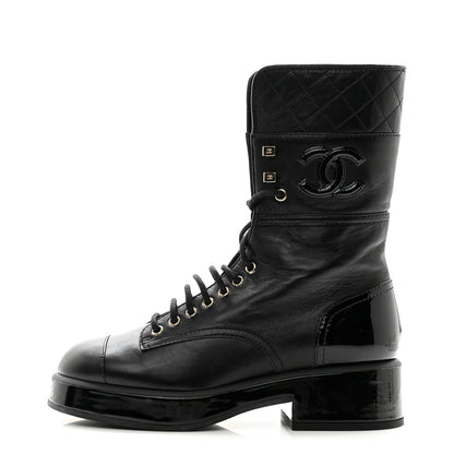 Chanel Lambskin Patent Calfskin Quilted CC Lace Up Combat Boots 37 Black 1 of 12
