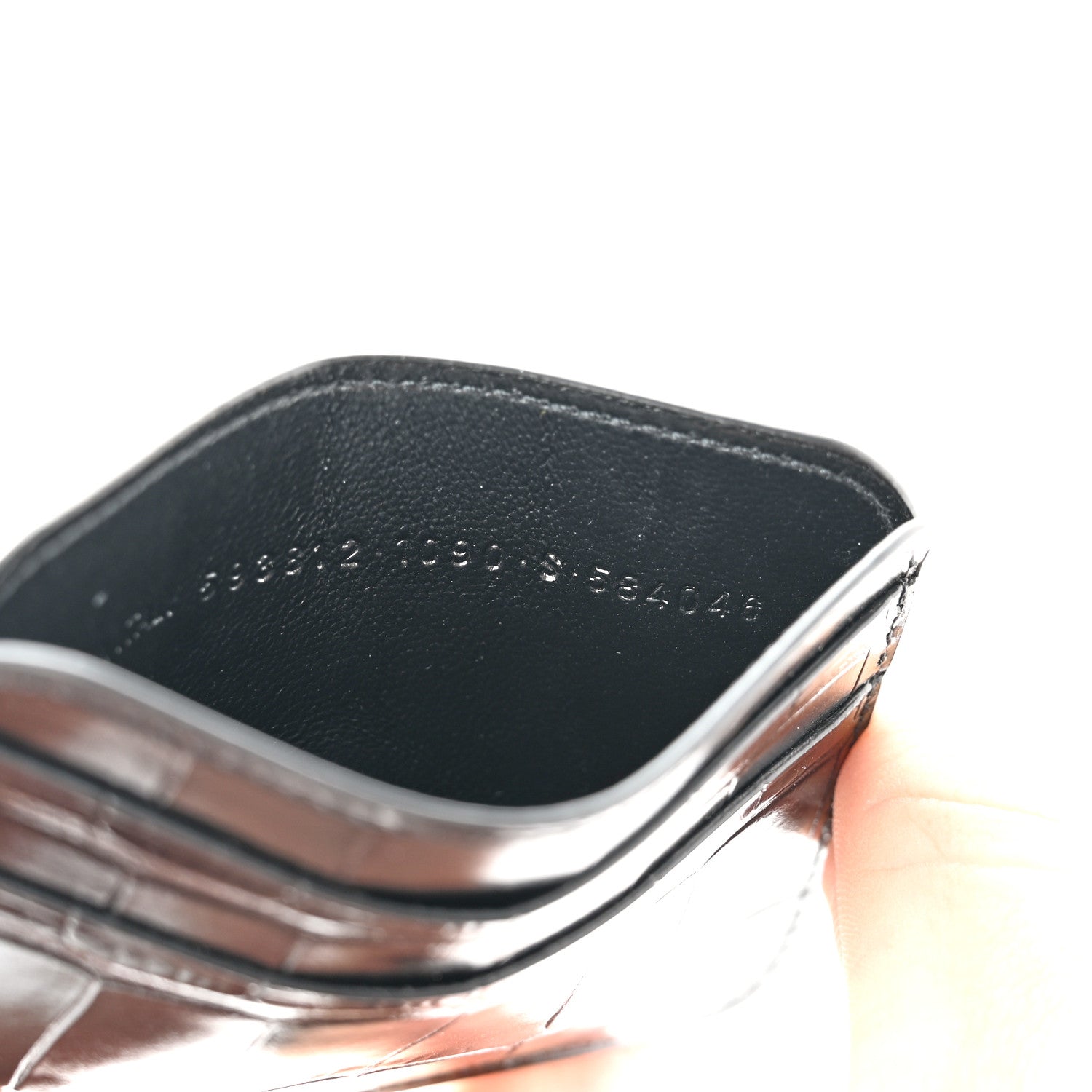 Balenciaga Shiny Calfskin Logo Crocodile Embossed Cash Rounded Card Holder Black White 8 of 9