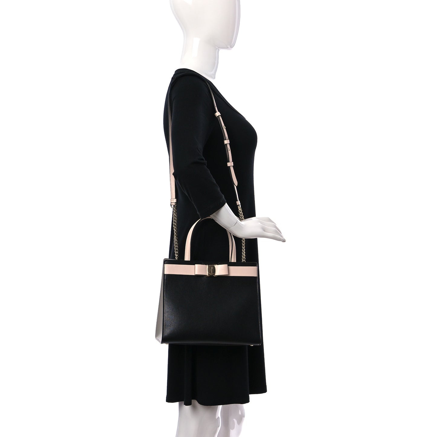 Calfskin Medium Vara Bow Top Handle Tote Black Pink