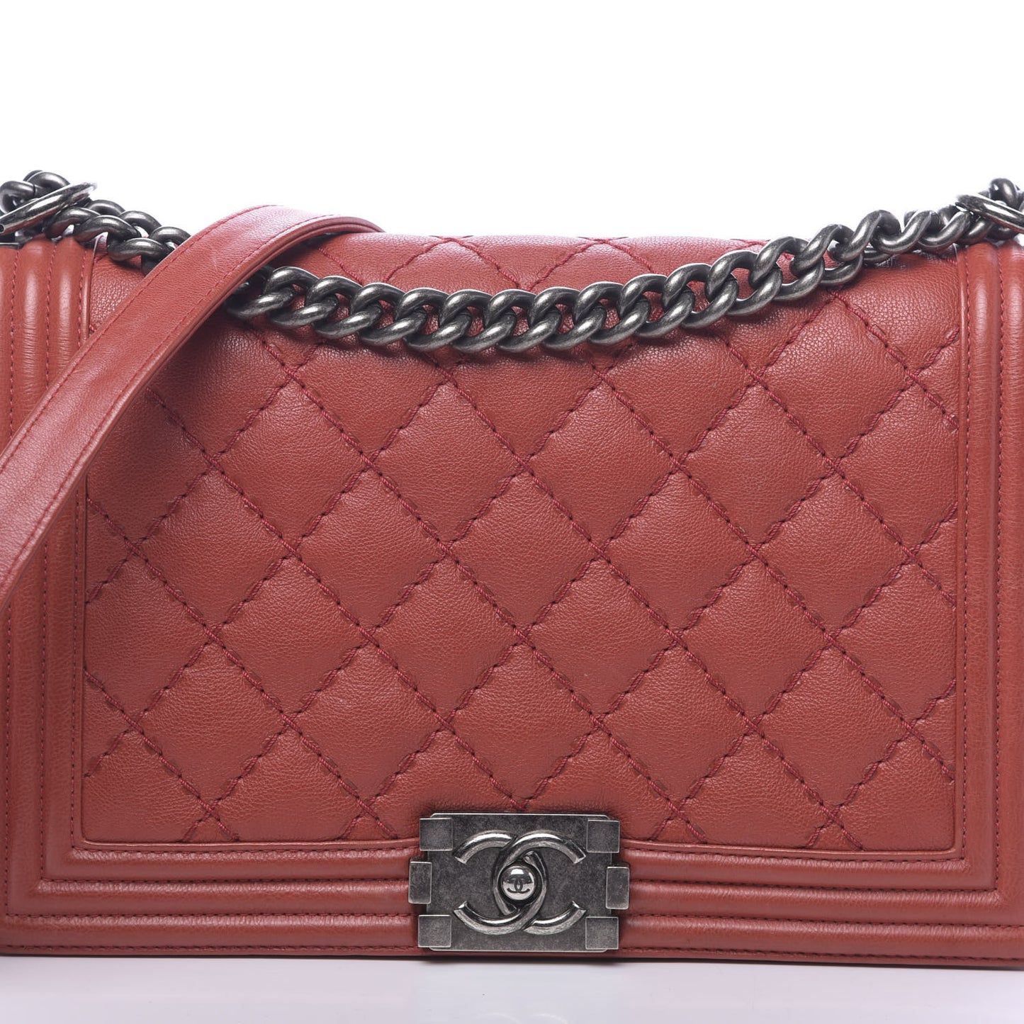 Calfskin Quilted Double Stitch New Medium Boy Flap Red