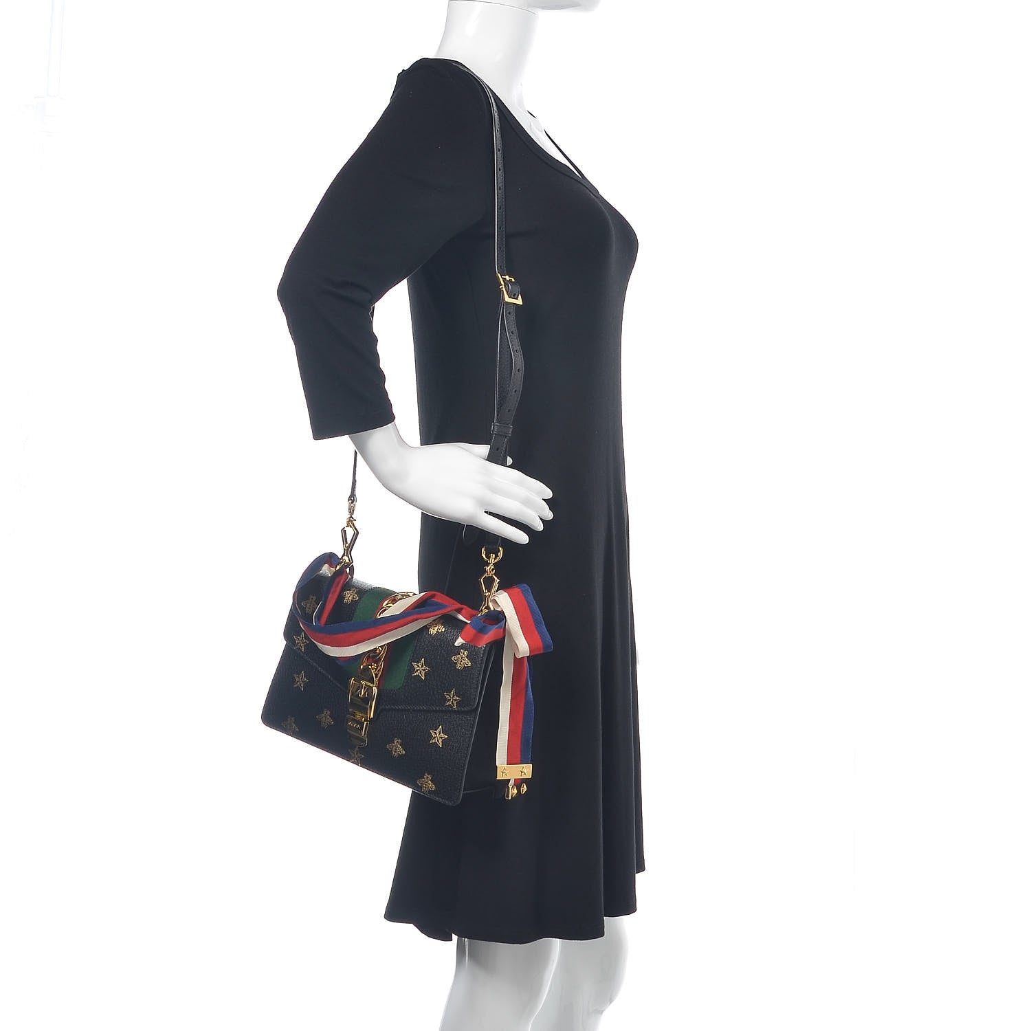 Gucci Textured Calfskin Bee Star Print Small Sylvie Shoulder Bag Black 3 of 11