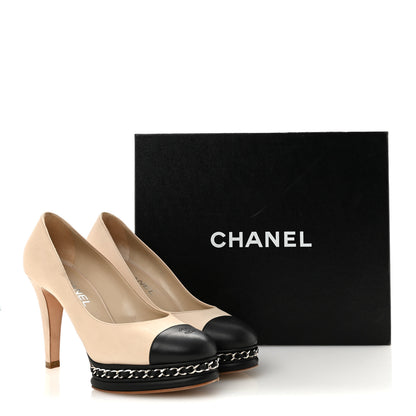Chanel Calfskin CC Cap Toe Platform Chain Pumps 39 Beige Black 13 of 13