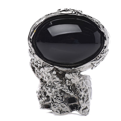 Saint Laurent Glass Cabochon Gunmetal Arty Ovale Ring 6 Black 1 of 3