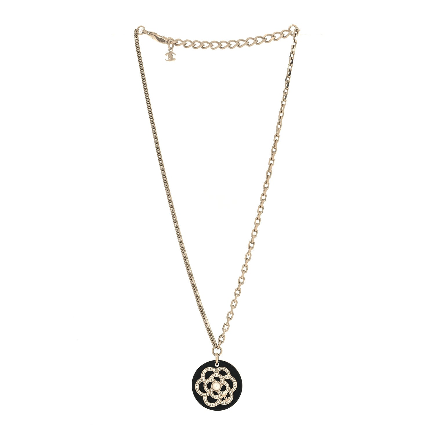 Chanel Resin Pearl Crystal Camellia CC Necklace Black Gold Gold 2 of 5