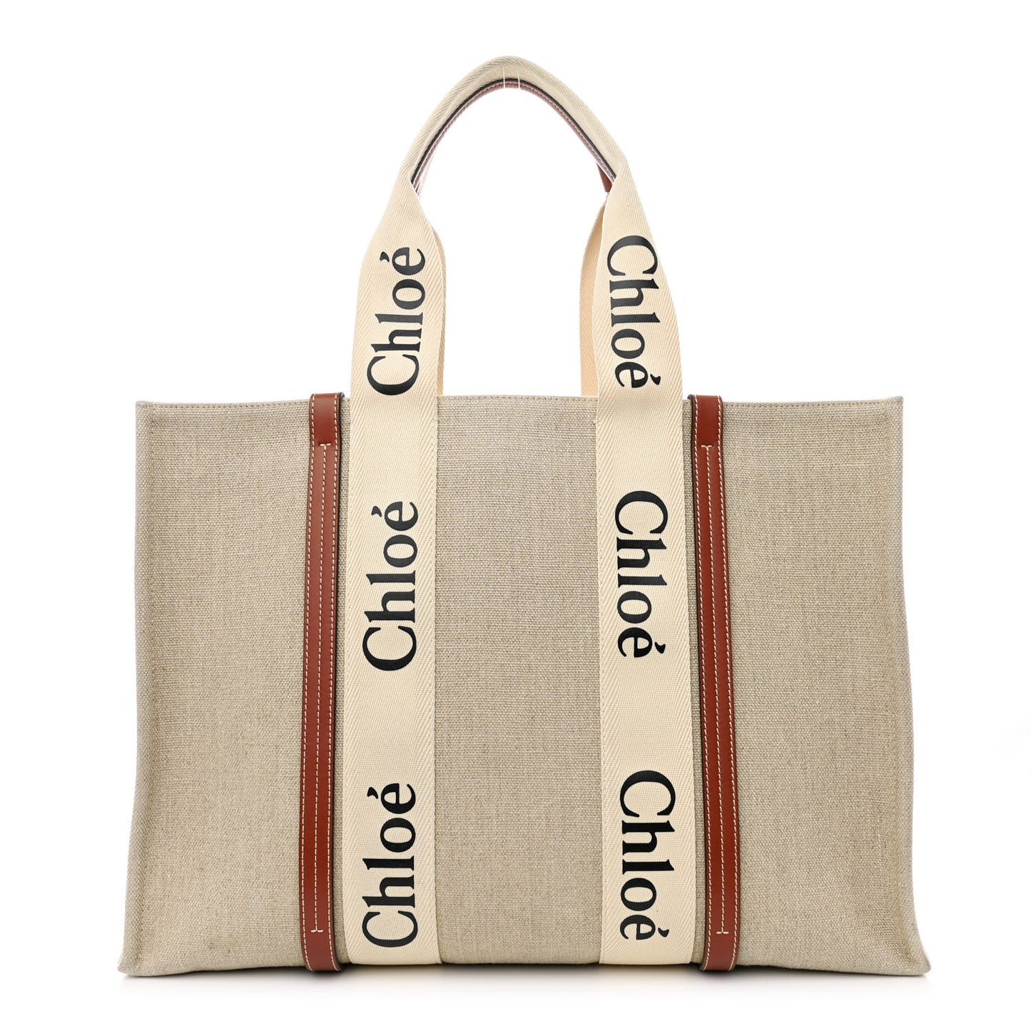 Linen Calfskin Large Woody Ribbon Tote White Brown