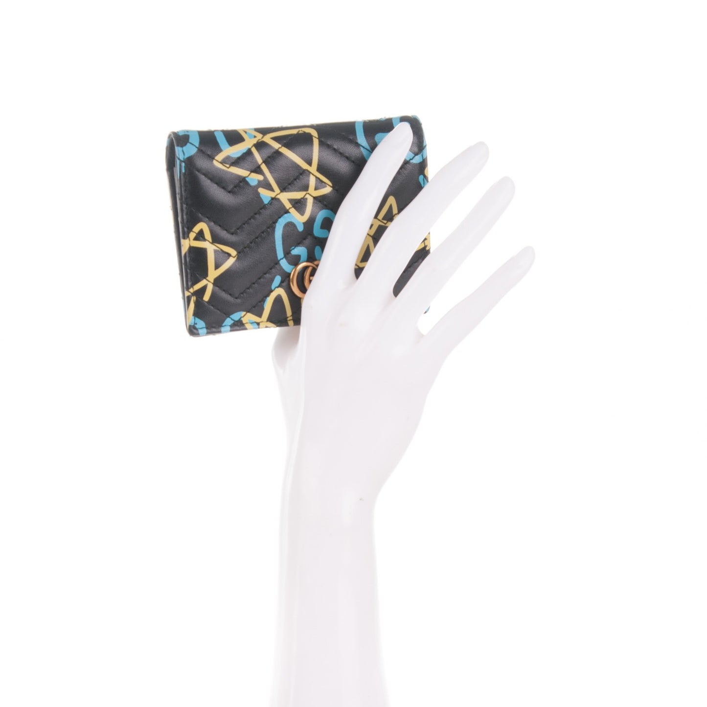 Calfskin Matelasse GucciGhost GG Marmont Card Case Wallet Black New Acquamarine