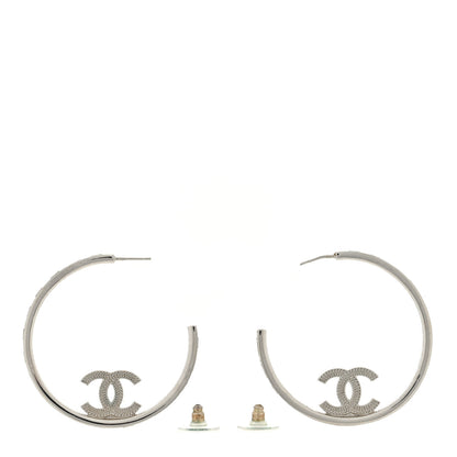Chanel Metal Crystal Baguette CC Large Hoop Earrings Silver 3 of 5
