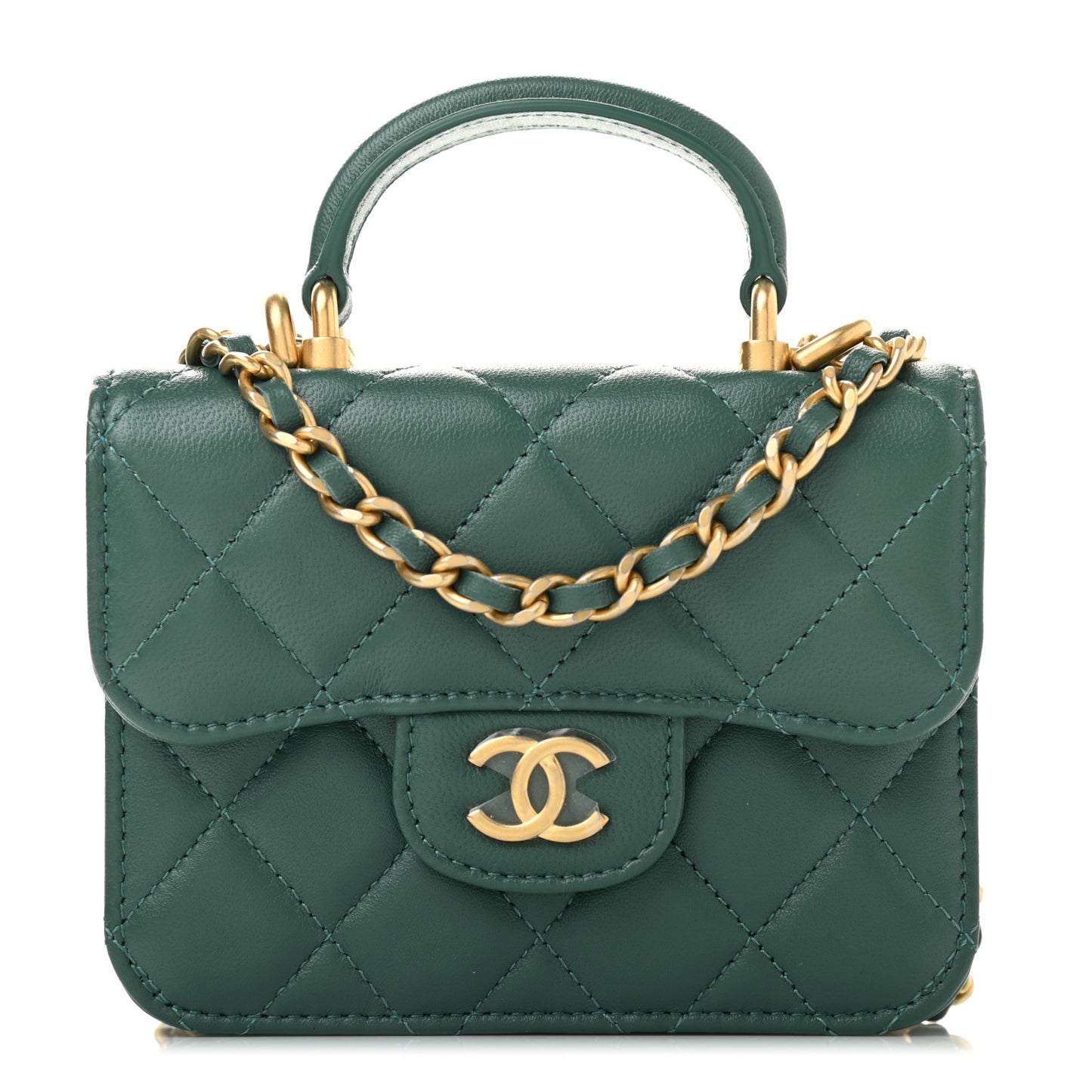Lambskin Quilted Top Handle Flap Coin Purse With Chain Green