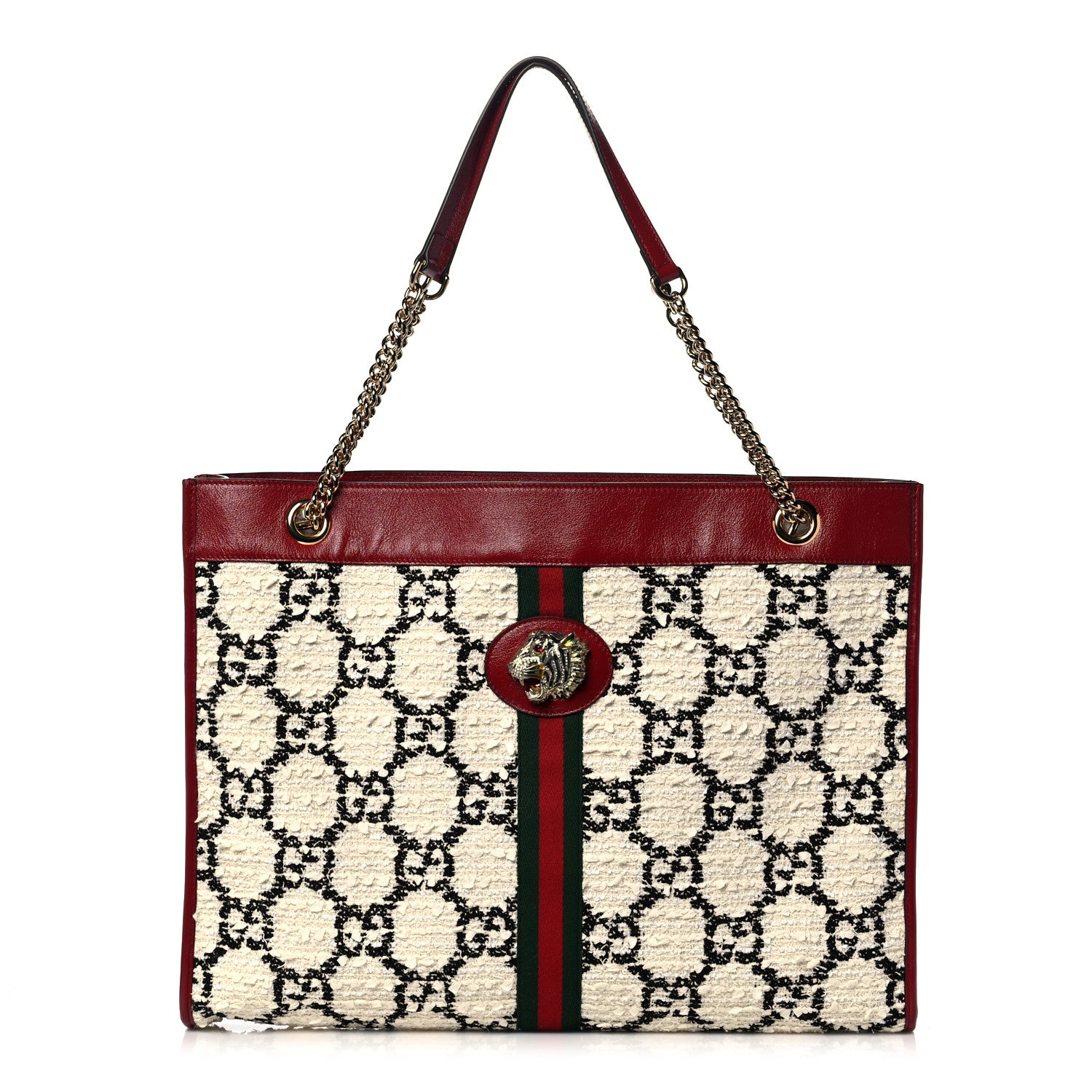 Gucci Tweed GG Monogram Large Rajah Chain Tote White Black Romantic Cherry 1 of 10